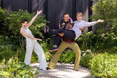 <p>Emma Willis, Johannes Radebe and Josh Widdicombe attending the RHS Chelsea Flower Show in London </p>