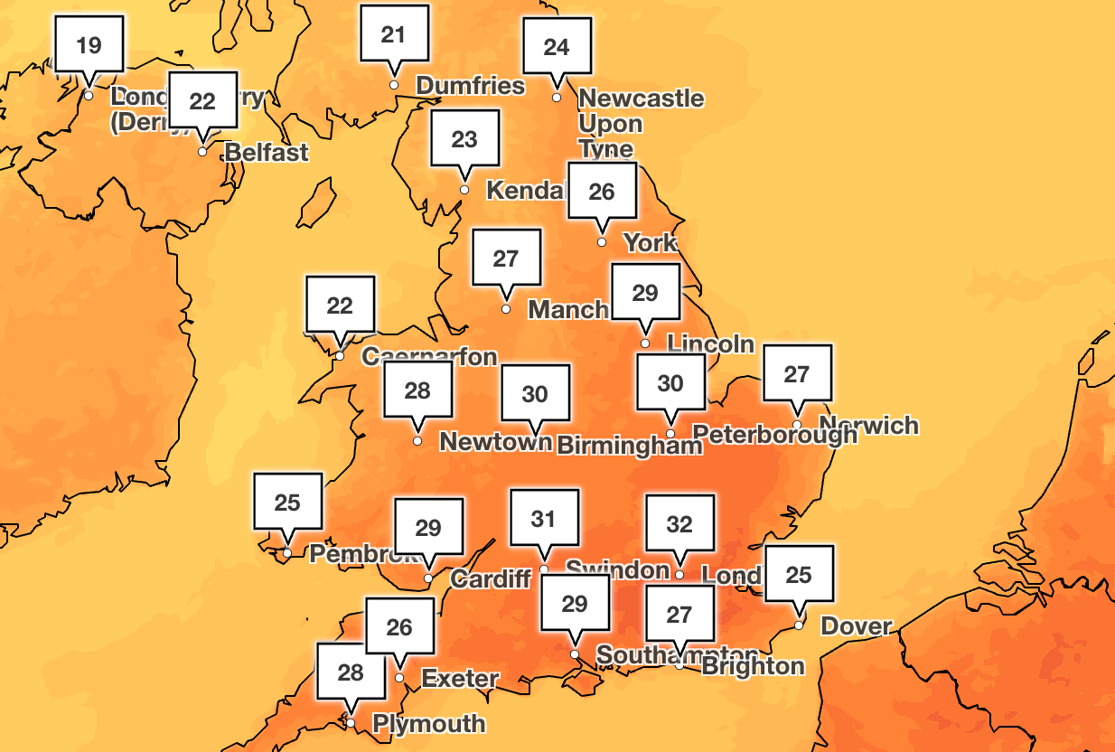 Highs of 33C are expected on Monday (Met Office)