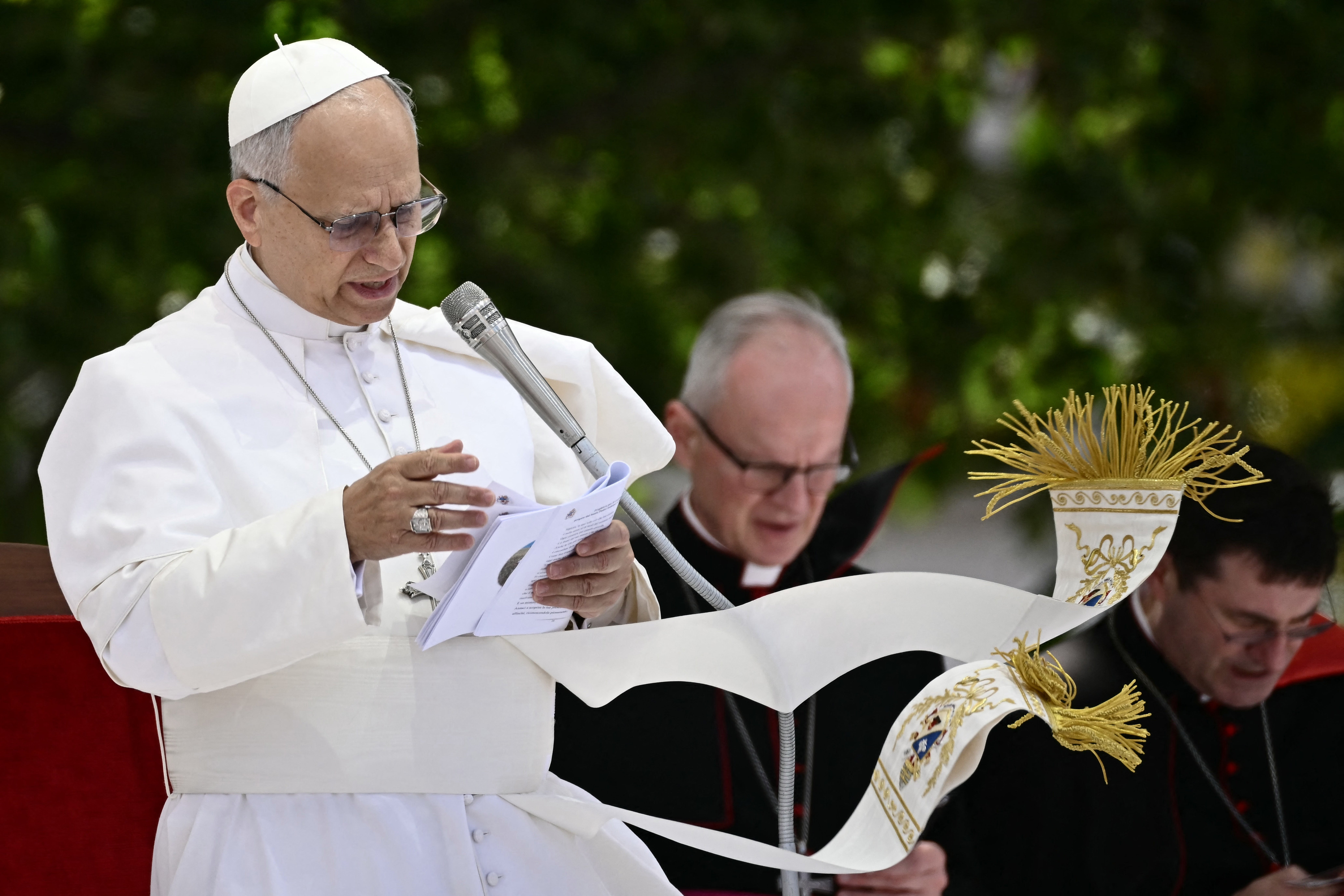 Pope Leo XIV addresses the crowd at Piazza Nicola Calipari during a pastoral visit to the community of the 'Land of Fires'