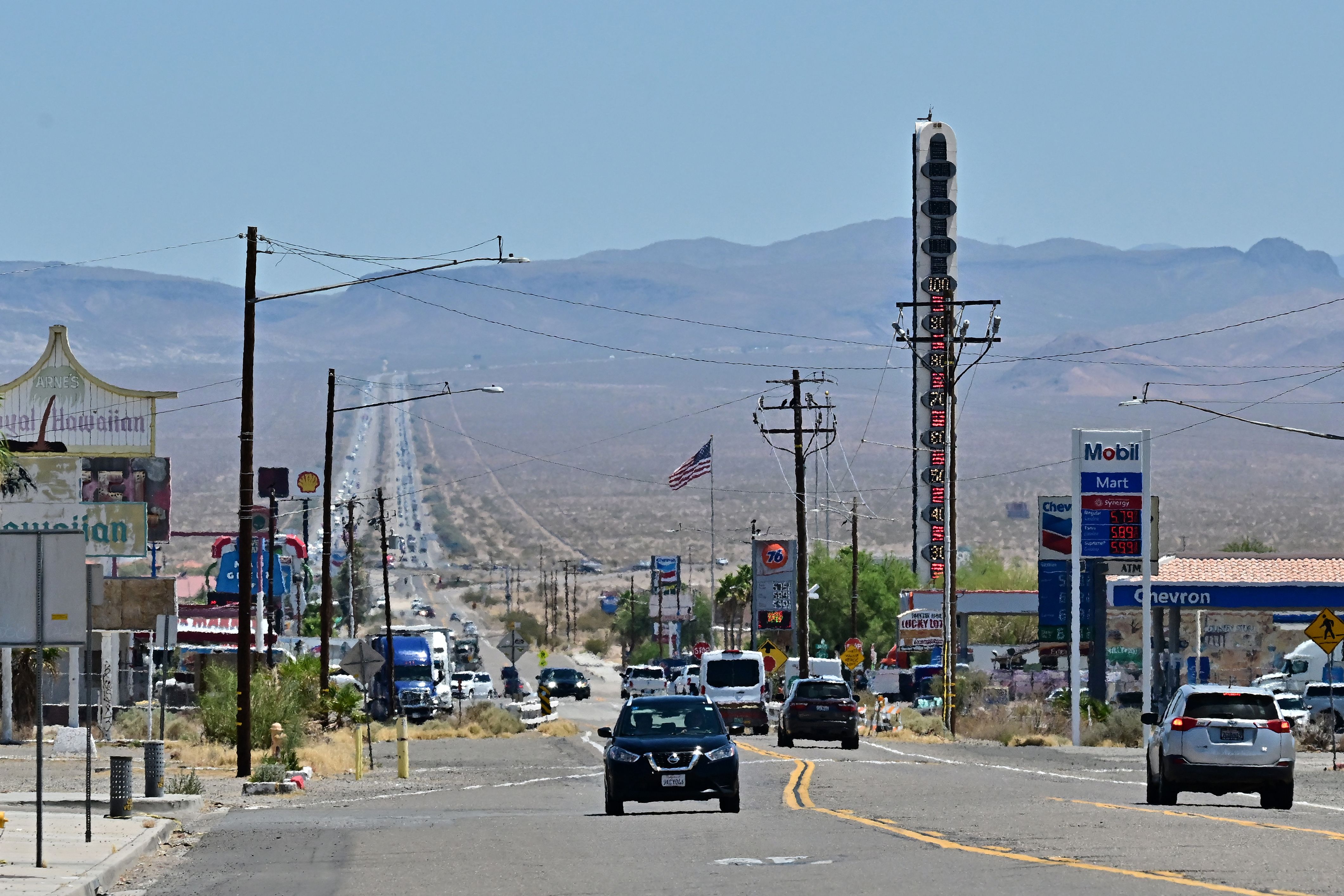 The 134-foot structure rises above Interstate 15 in the Mojave Desert