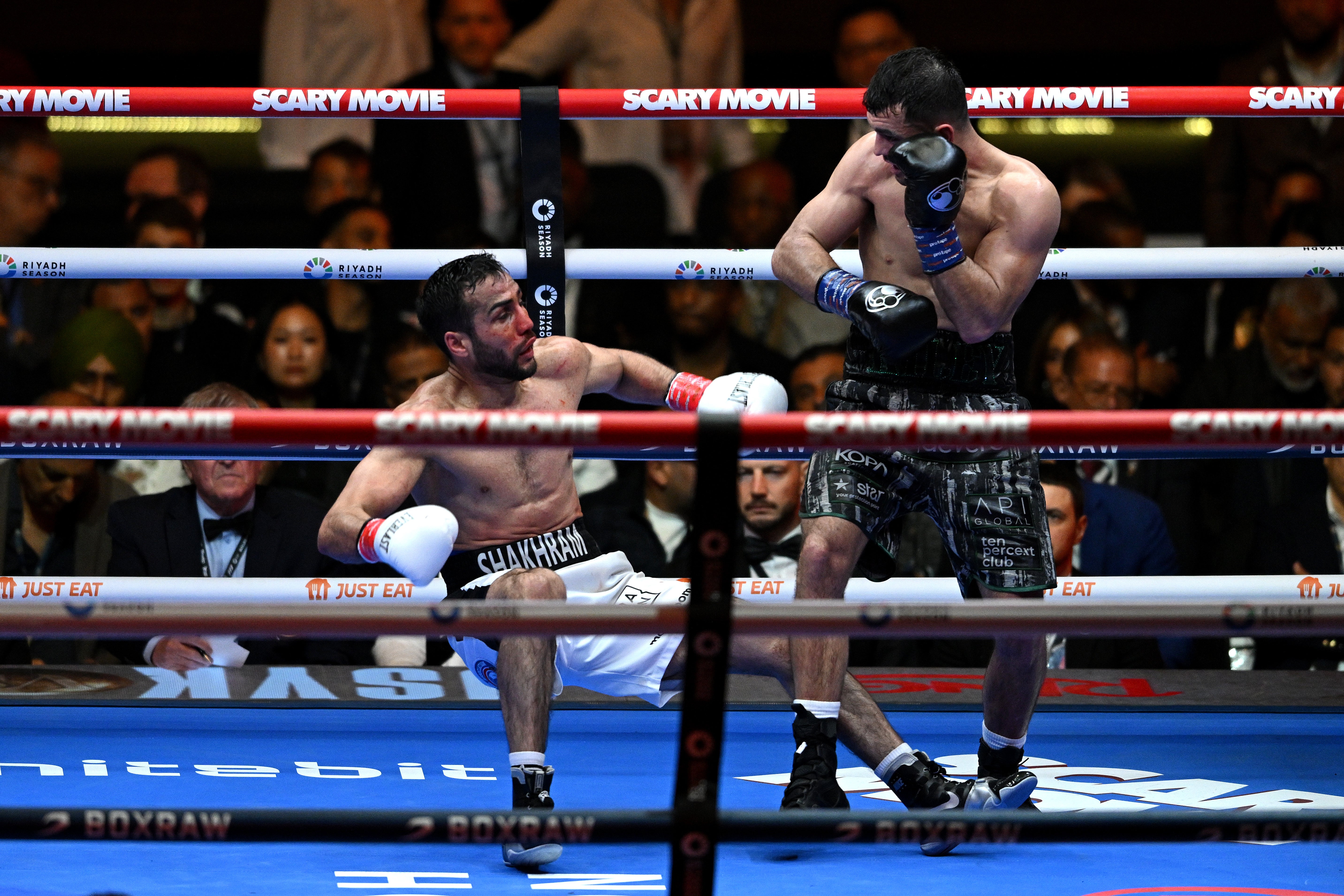 Jack Catterall (right) scored two knockdowns en route to victory over Shakhram Giyasov
