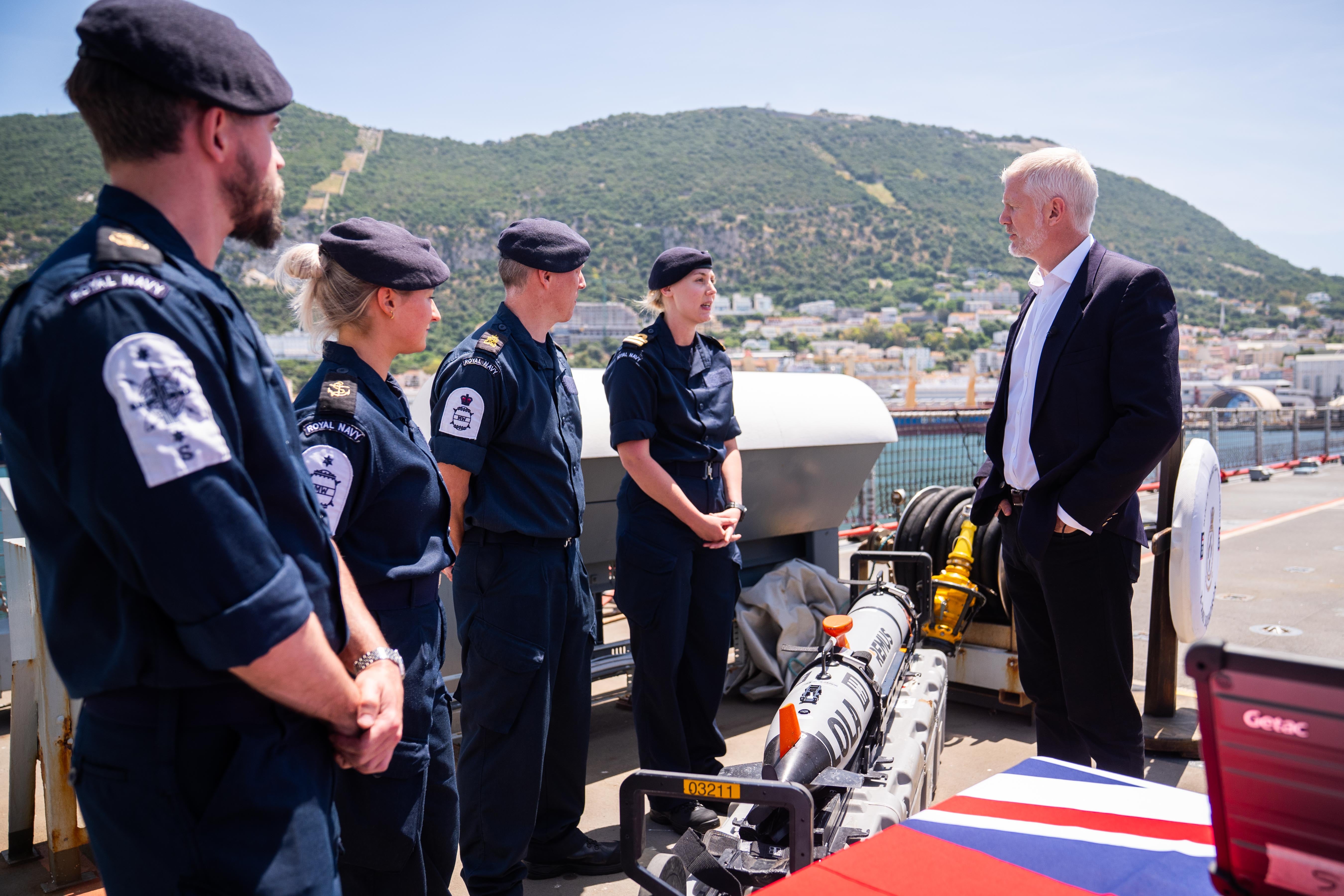 Armed forces minister Al Carns was shown mine detecting equipment during a visit to RFA Lyme Bay in Gibraltar