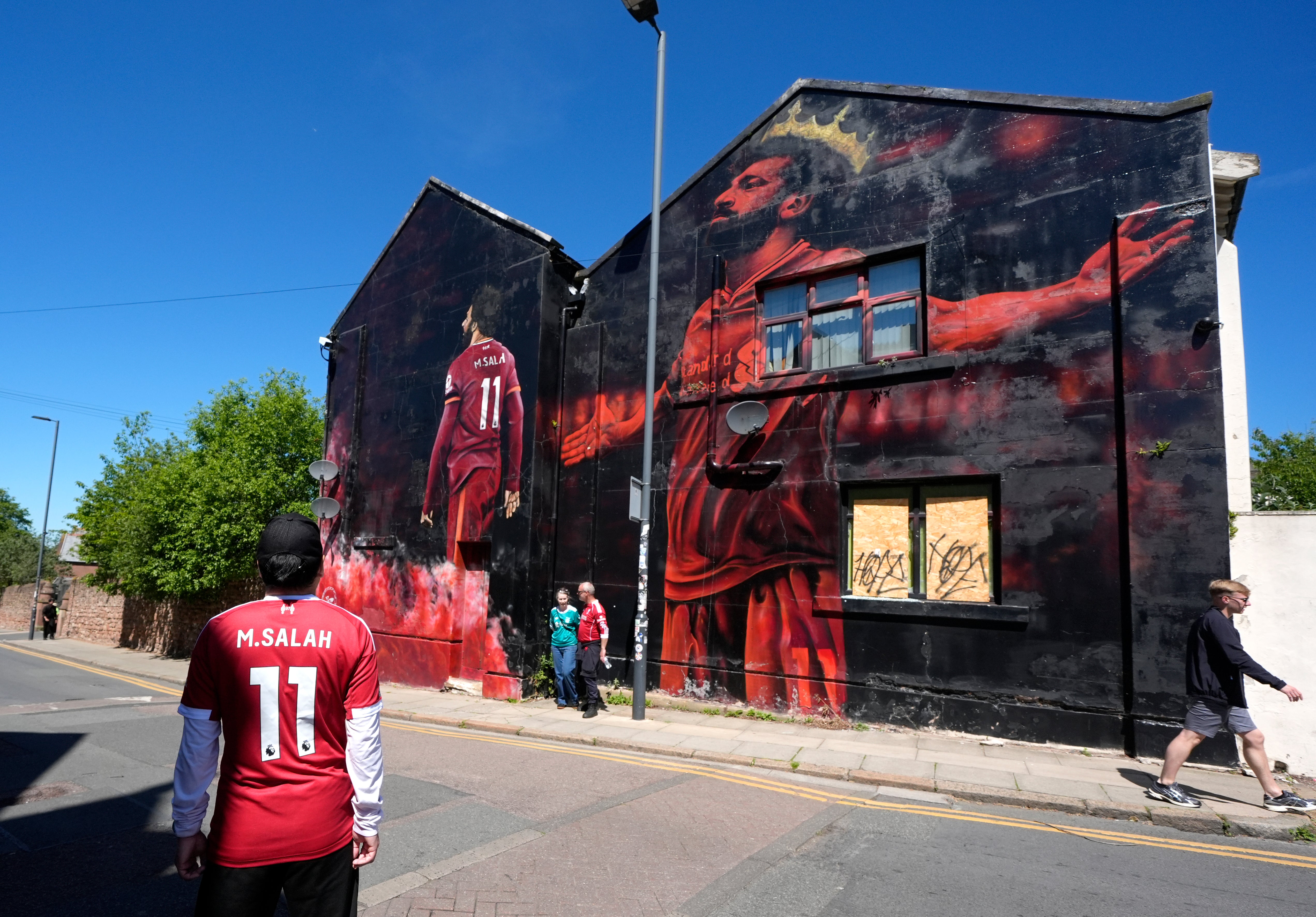 A mural featuring Liverpool's Mohamed Salah ahead of the Premier League match at Anfield (PA)