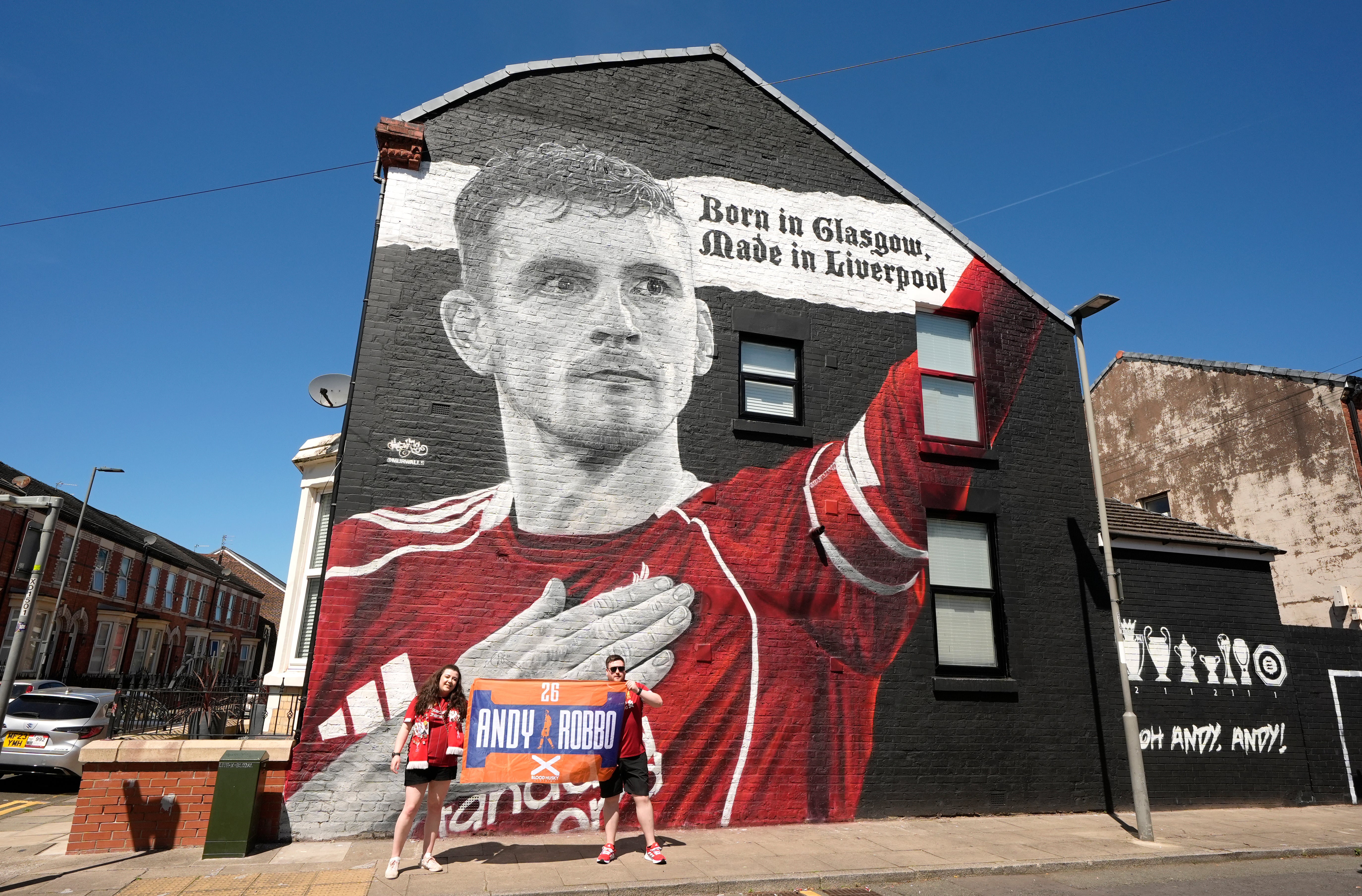 A mural featuring Liverpool's Andy Robertson ahead of the Premier League match at Anfield (PA)