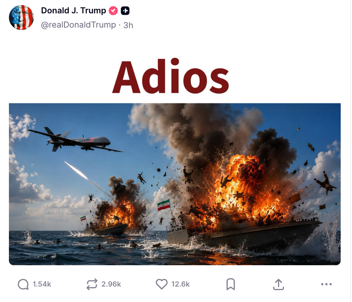 Trump also shared what appeared to be an AI-generated image of bombs being dropped on Iranian ships