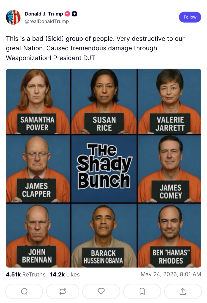 Trump shared a Brady Bunch style image on Truth Social Sunday depicting several of his political enemies in prison jumpsuits