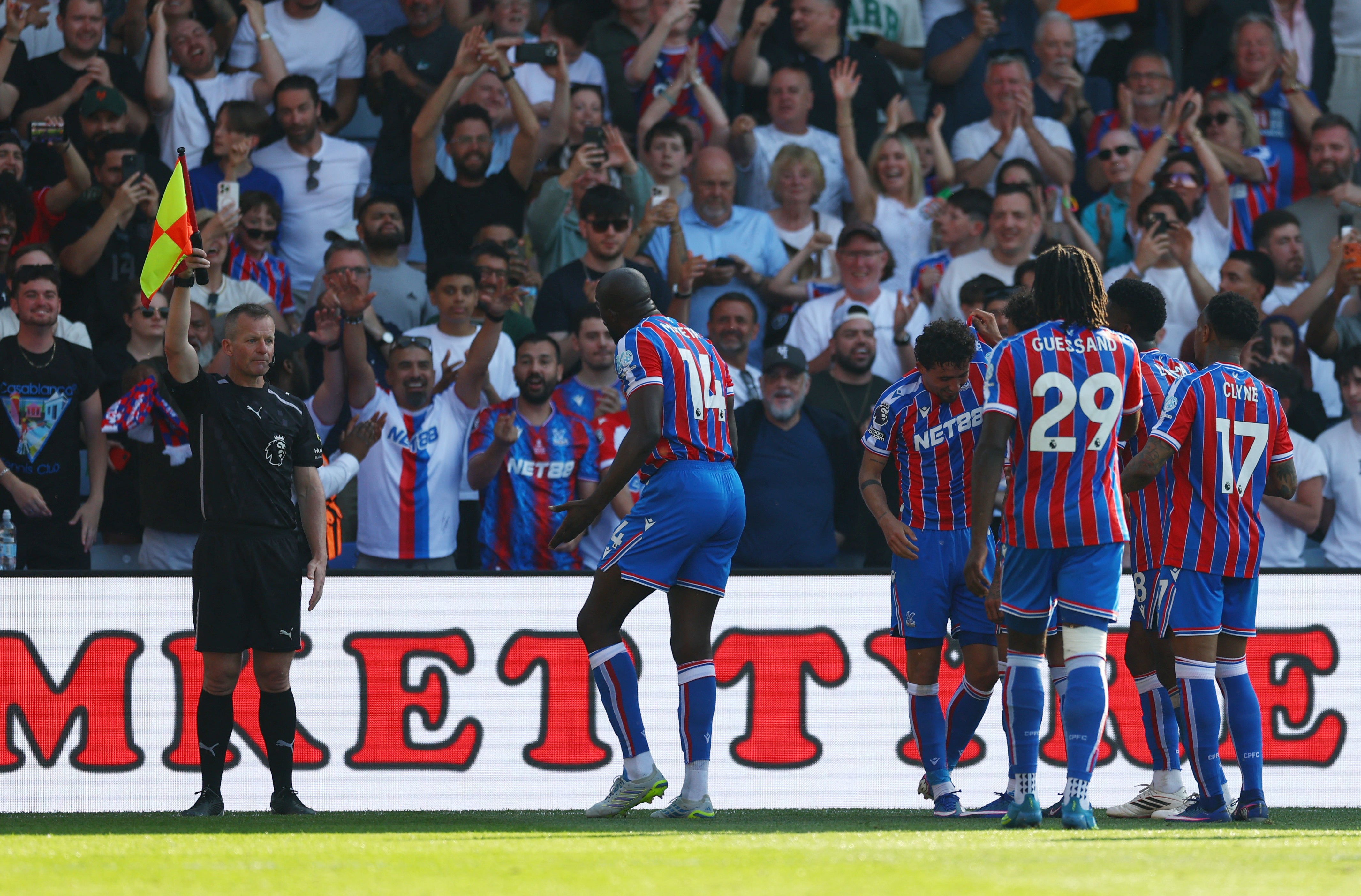 Crystal Palace's Jean-Philippe Mateta reacts after Yeremy Pino's goal is disallowed