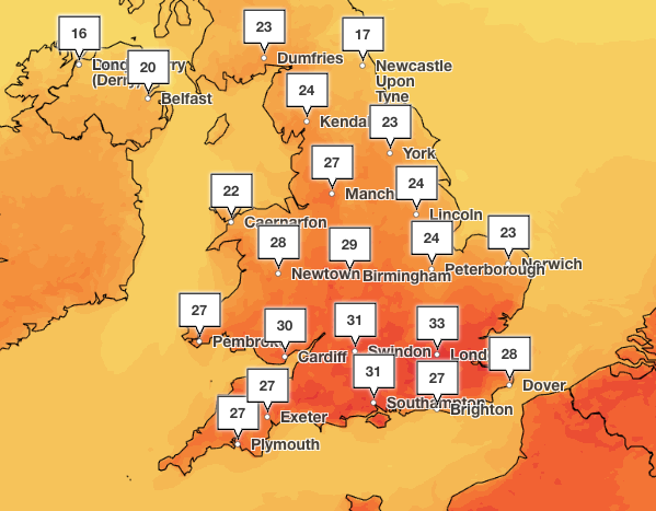 Temperatures are now expected to hit 33C not only on Monday, but also on Tuesday