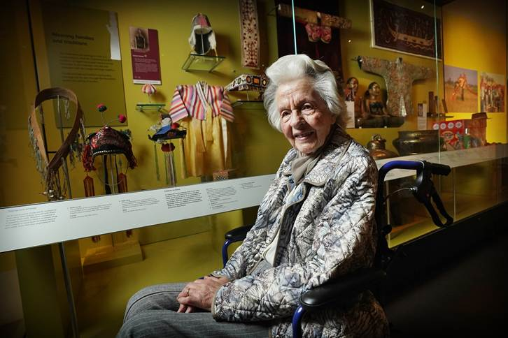 Mary Davidson Smith reunites with her childhood dress at the National Museum of Scotland (c) Stewart Attwood