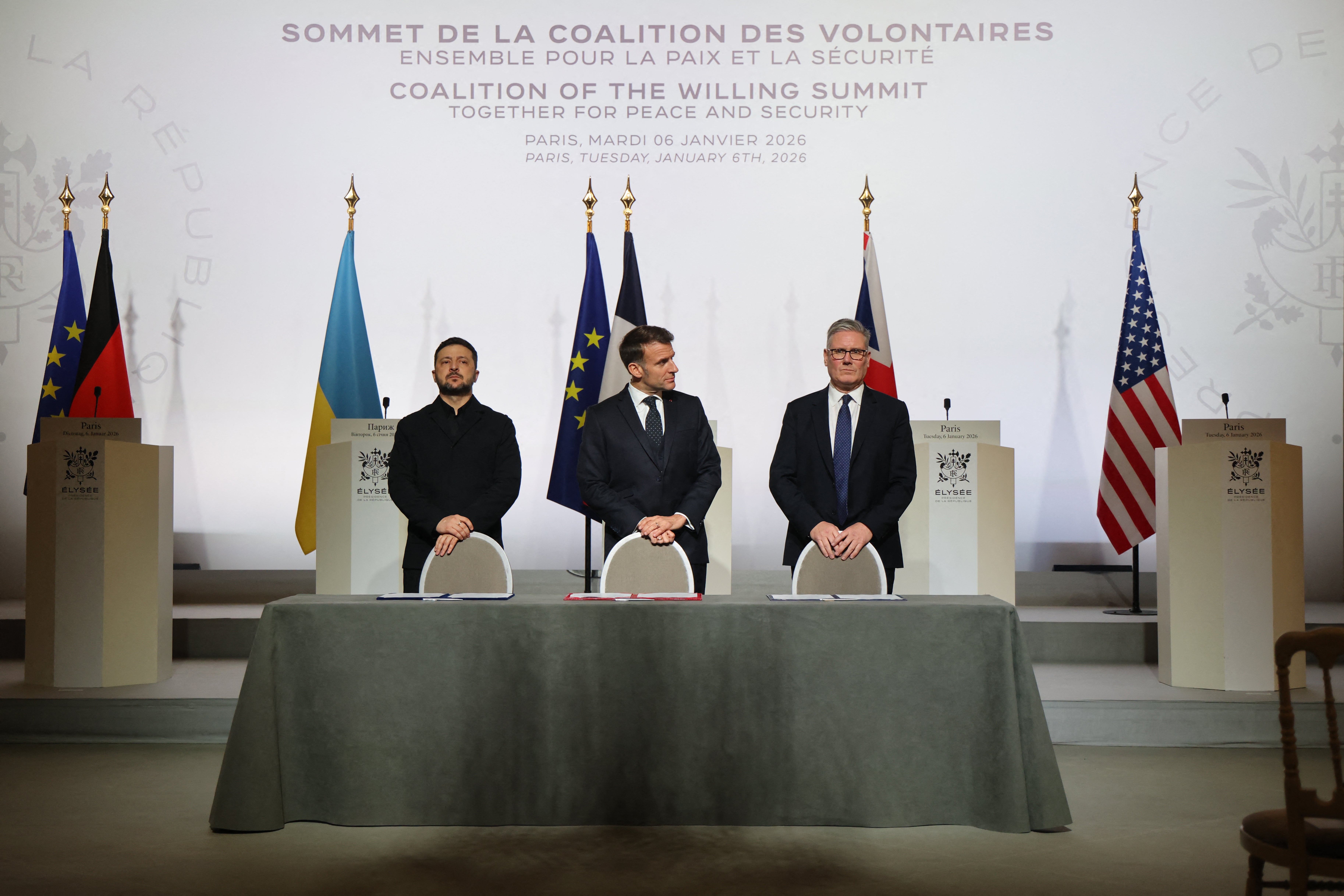 Ukraine president Volodymyr Zelensky, France's president Emmanuel Macron and prime minister Keir Starmer look on ahead of the signing of the declaration on deploying post-ceasefire force in Ukraine