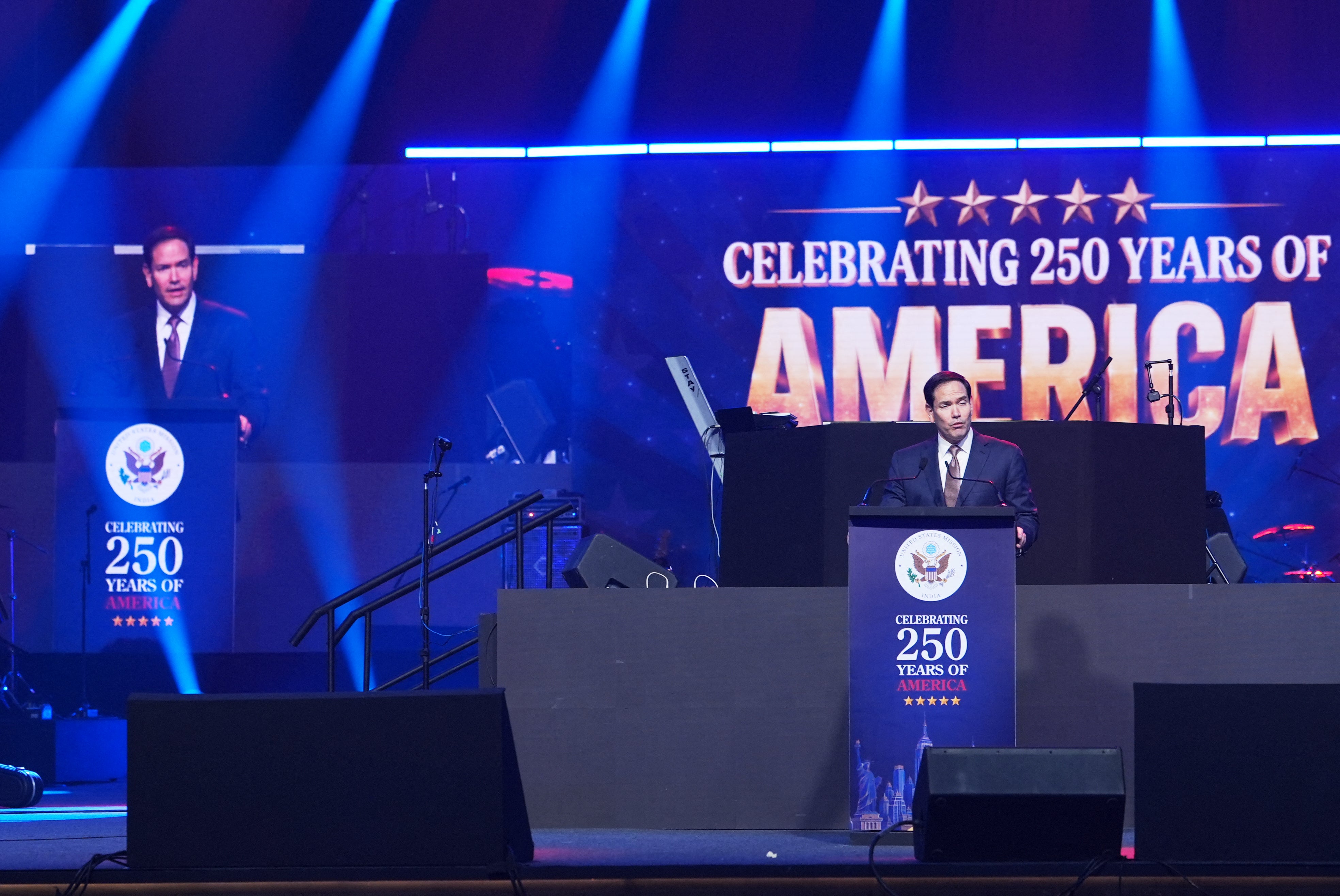 Marco Rubio delivers a speech at an event celebrating the 250th anniversary of America’s independence in Delhi