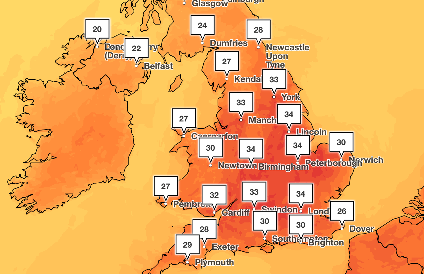 Mapped: Where temperatures could hit 35C in this week’s heatwave