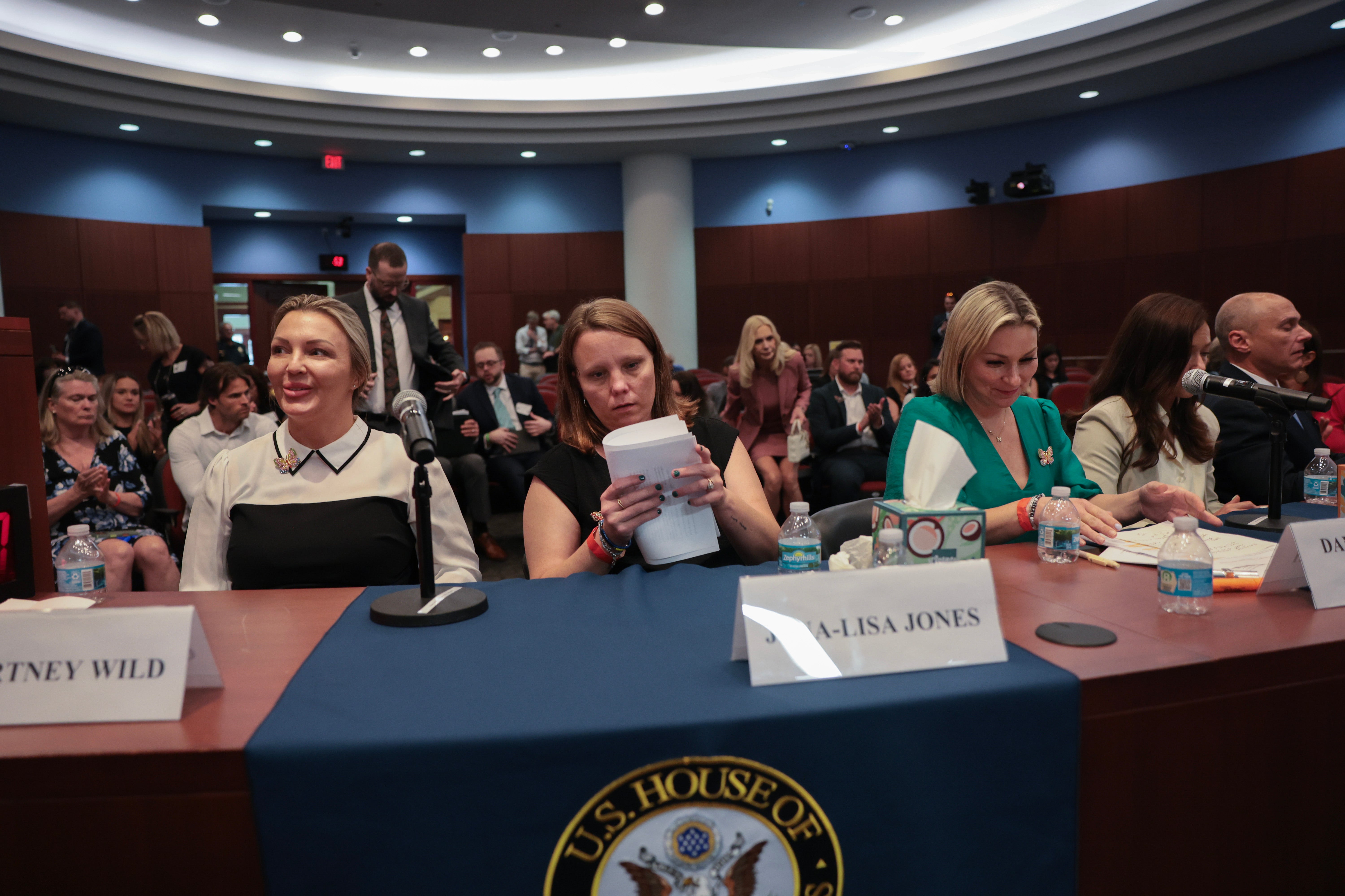 Victims of Jeffrey Epstein, (L-R) Courtney Wild, Lisa-Jena Jones, and Dani Hannah Bensky, during a House Oversight Committee hearing (Getty)
