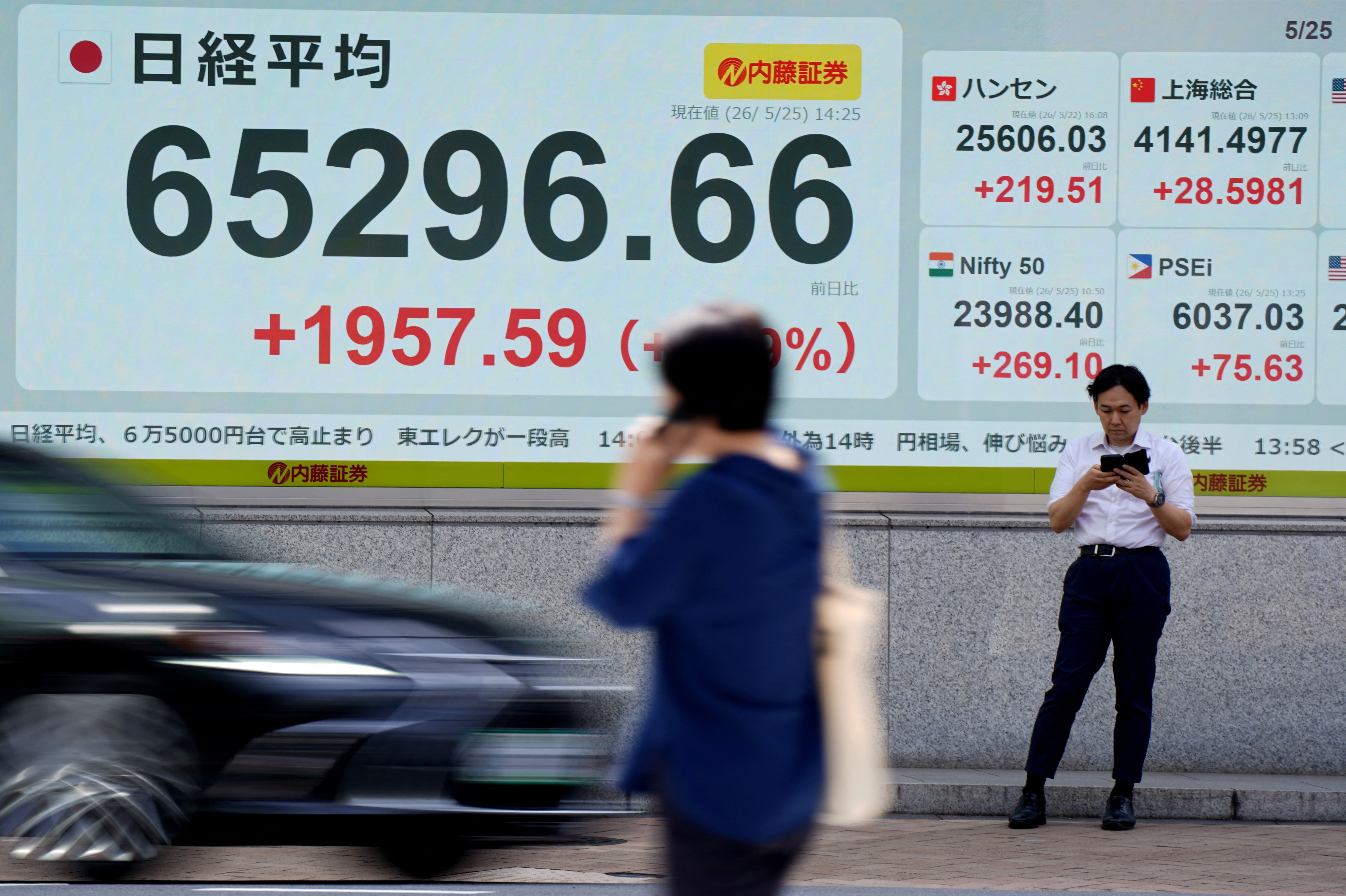 An electronic quotation board (L) displays the Nikkei Stock Average on the Tokyo Stock Exchange along a street in Tokyo