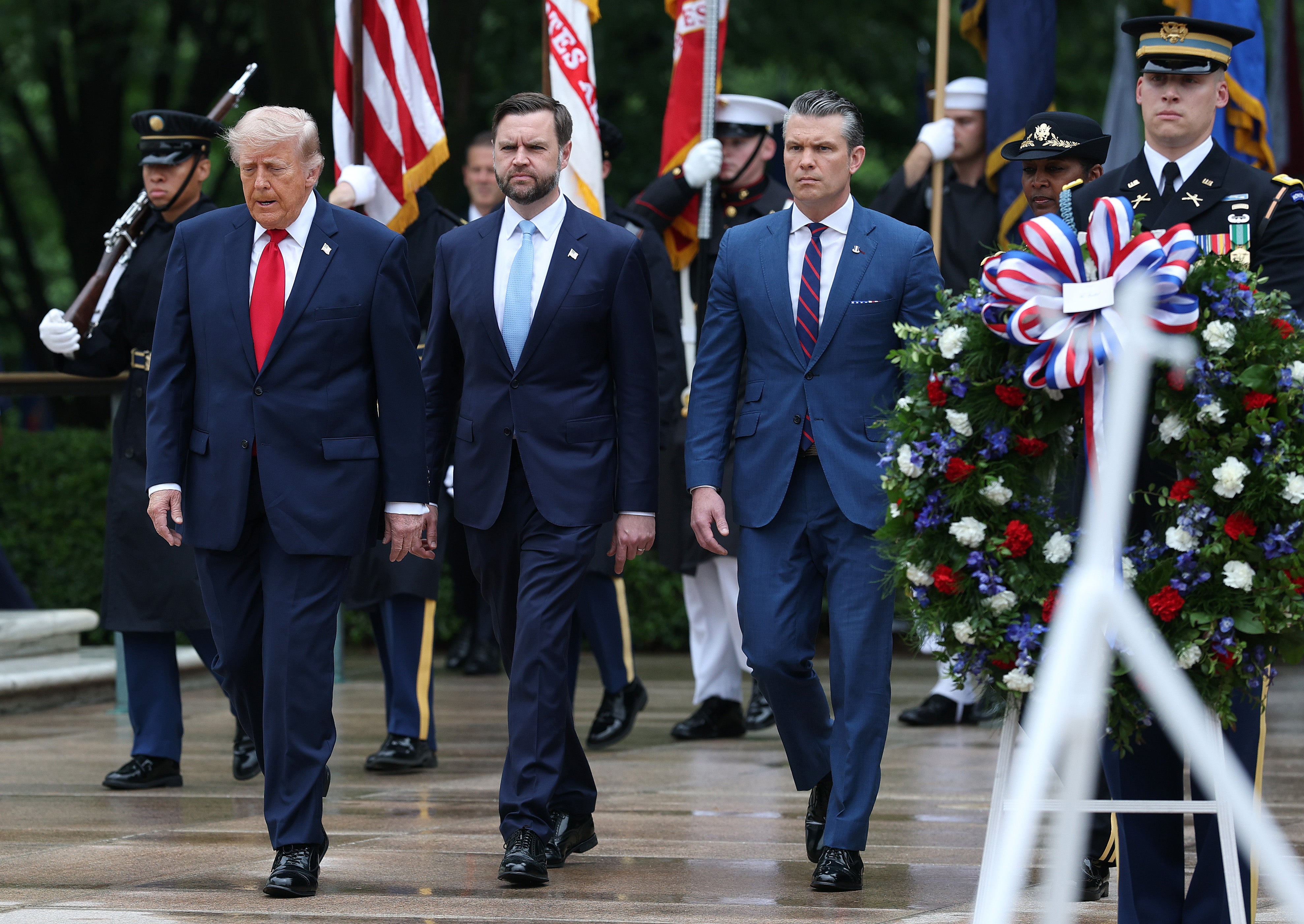 US president Donald Trump, vice president JD Vance and secretary of war Pete Hegseth participate in a Memorial Day wreath-laying ceremony