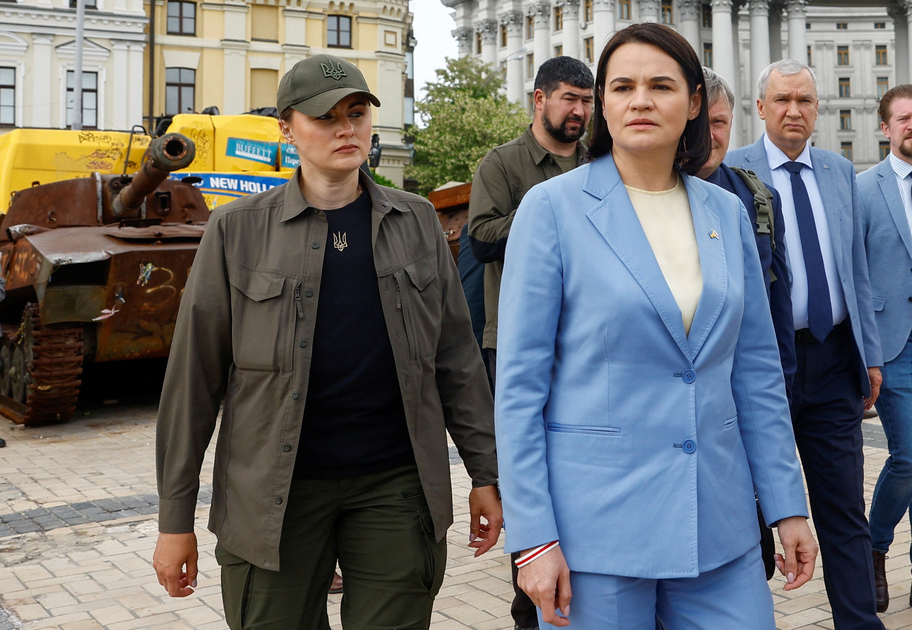 Belarusian opposition leader Sviatlana Tsikhanouskaya visit an exhibition displaying destroyed Russian military vehicles in Kyiv (Reuters)