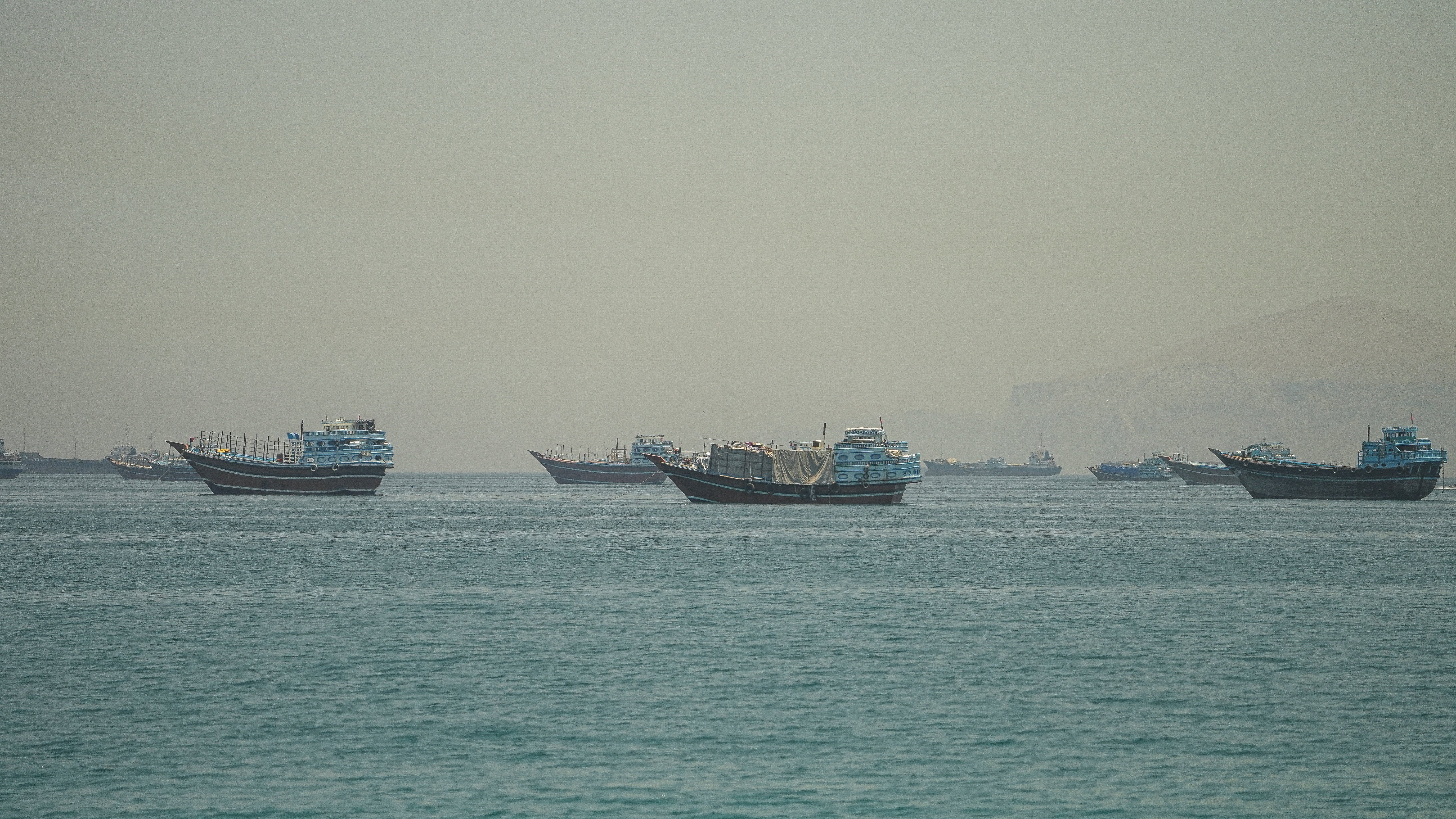 Vessels anchored at the Strait of Hormuz, as seen from Musandam, Oman