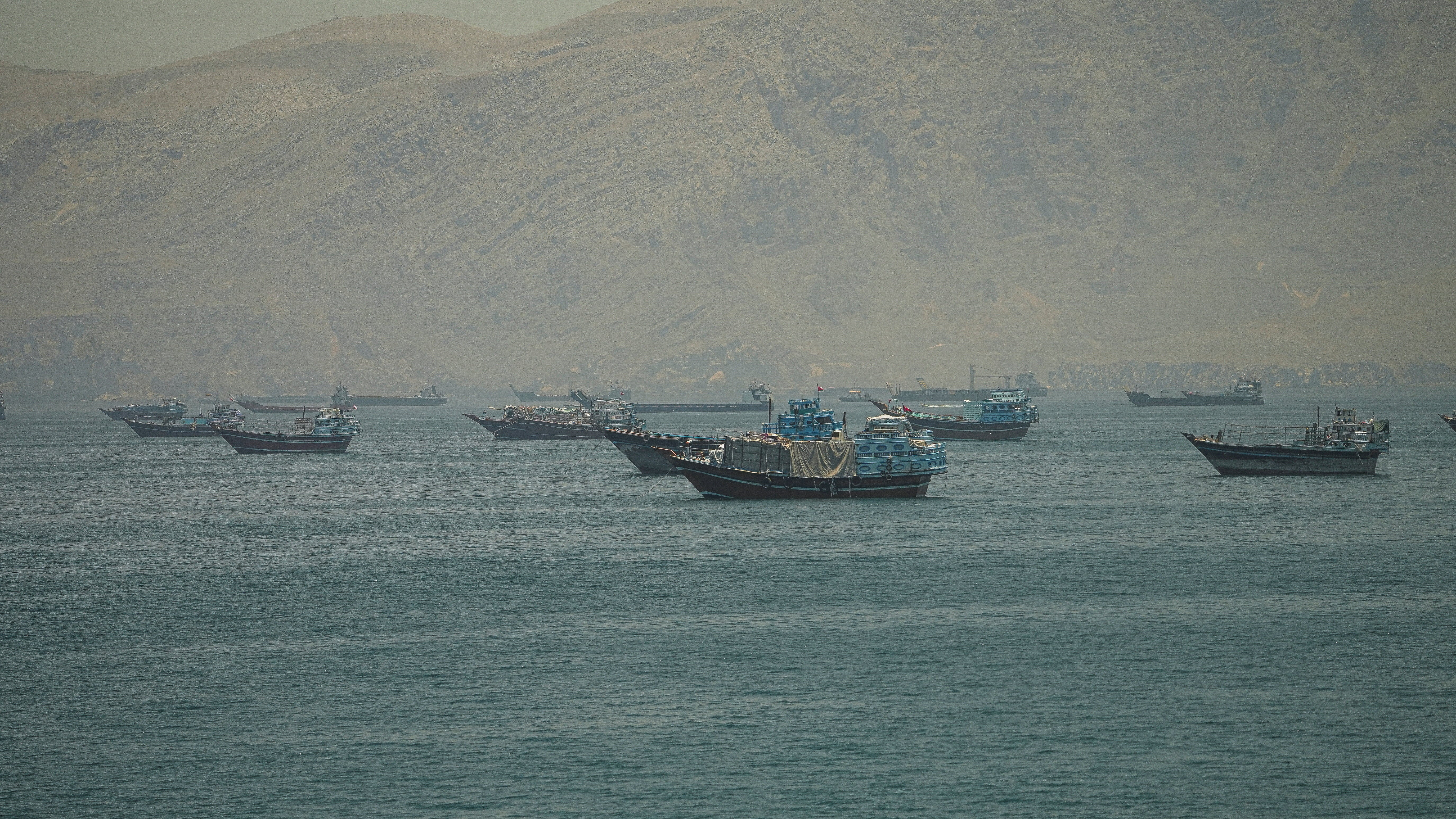 Vessels anchored at the Strait of Hormuz, as seen from Musandam, Oman, May 25