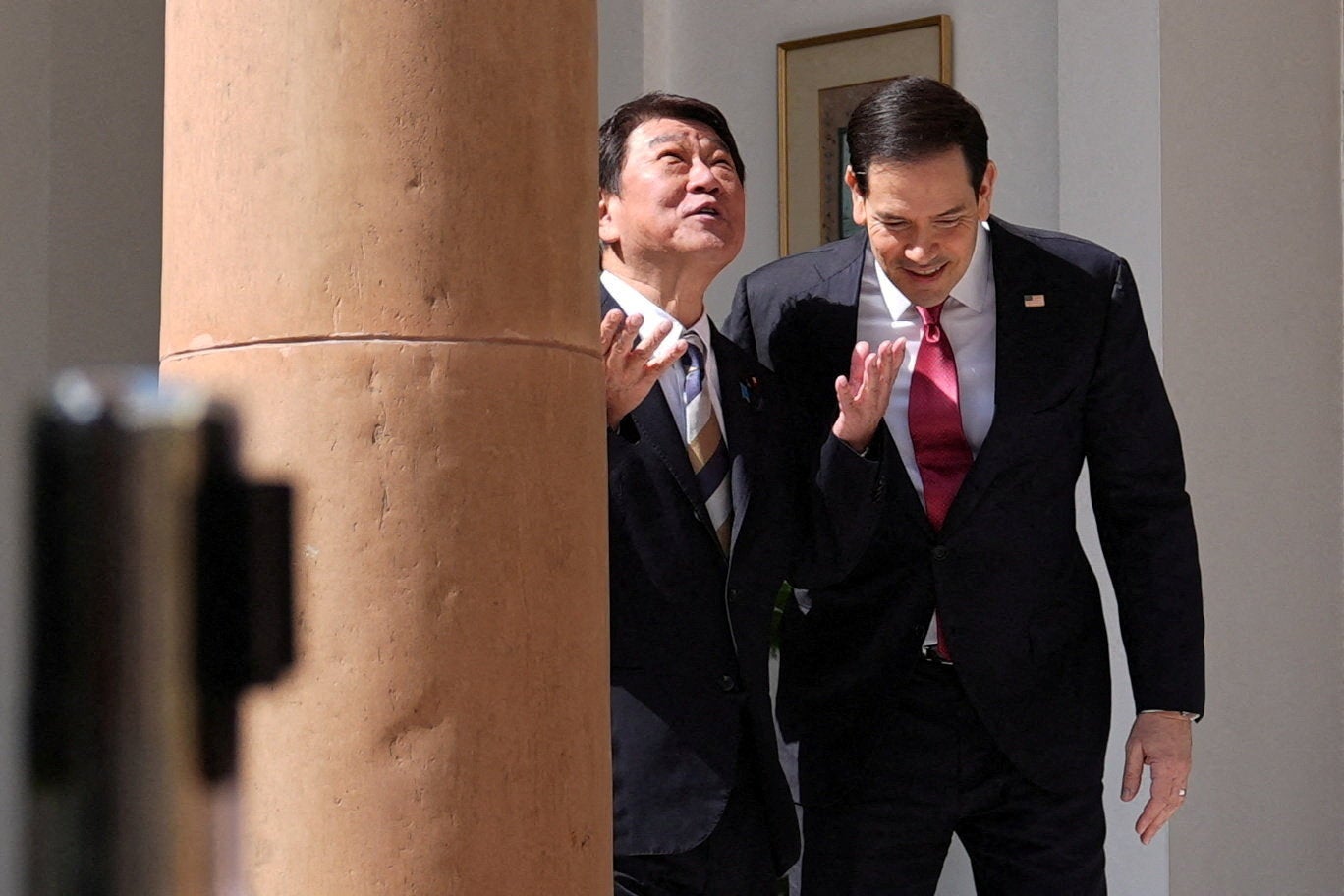 Japanese foreign minister Toshimitsu Motegi with US secretary of state Marco Rubio in Delhi, India, on 26 May 2026 (Reuters)