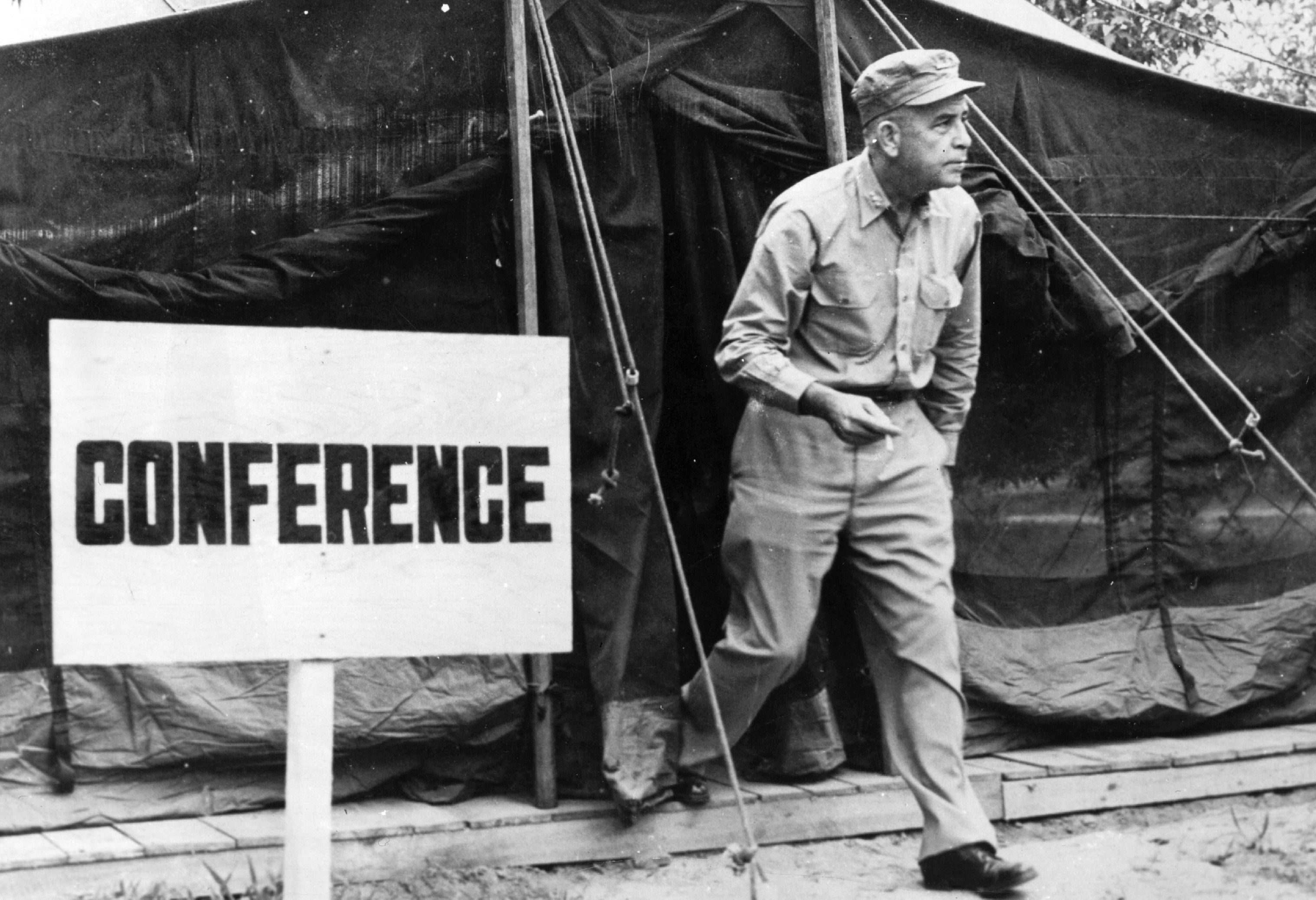 Vice Admiral C Turner Joy, leaving the conference tent after a ceasefire conference on Korea. The success at stopping the US in its tracks - due to the mining of Wonsan - was regarded as one of the major setbacks of the Korean War.