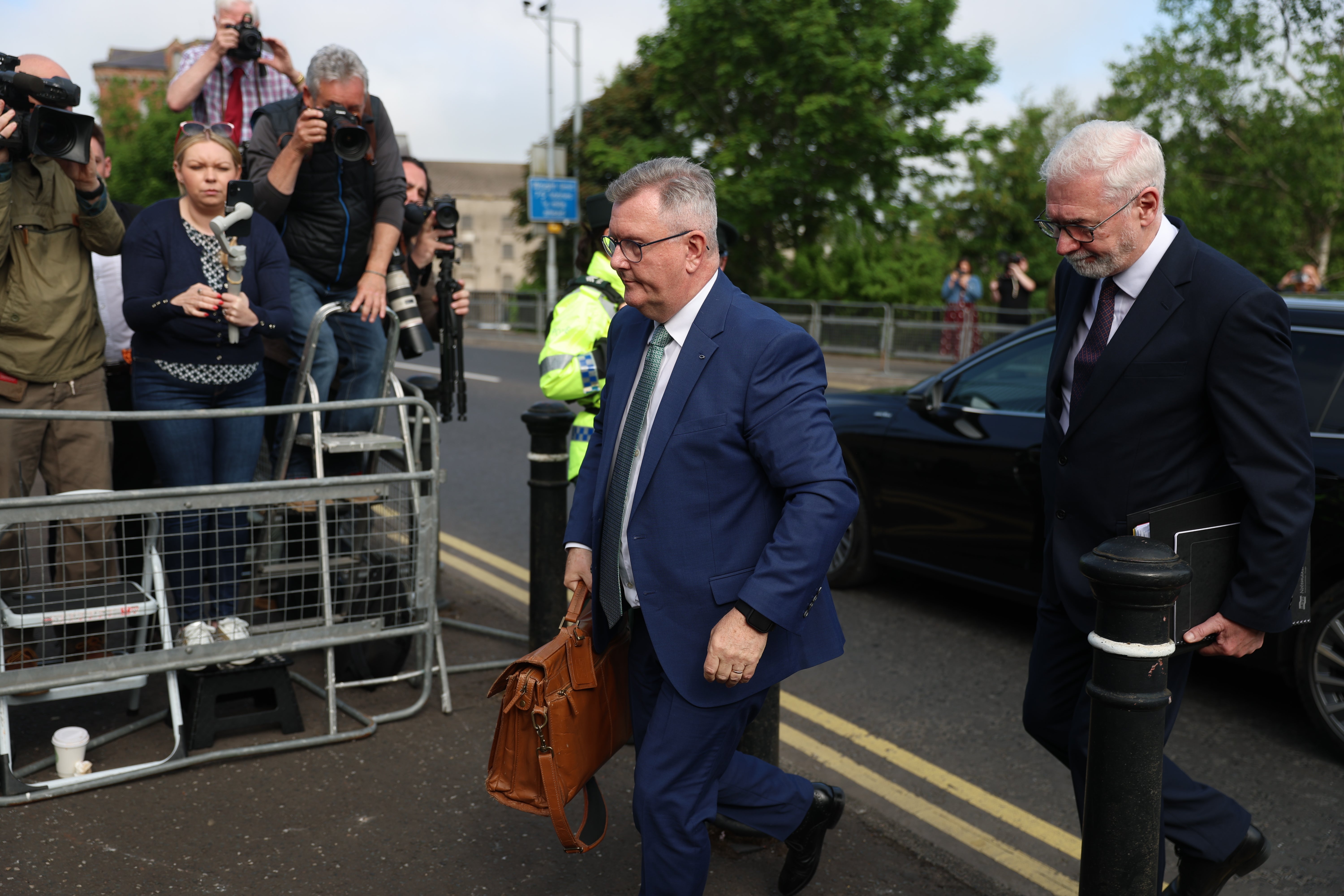 Sir Jeffrey Donaldson with his solicitor John McBurney as he arrives at Newry Crown Court (Liam McBurney/PA) (PA Wire)