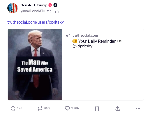 President Donald Trump spent his evening and early morning posting memes on Truth Social, boasting about his approach to the Iran war and hailing himself ‘the man who saved America’