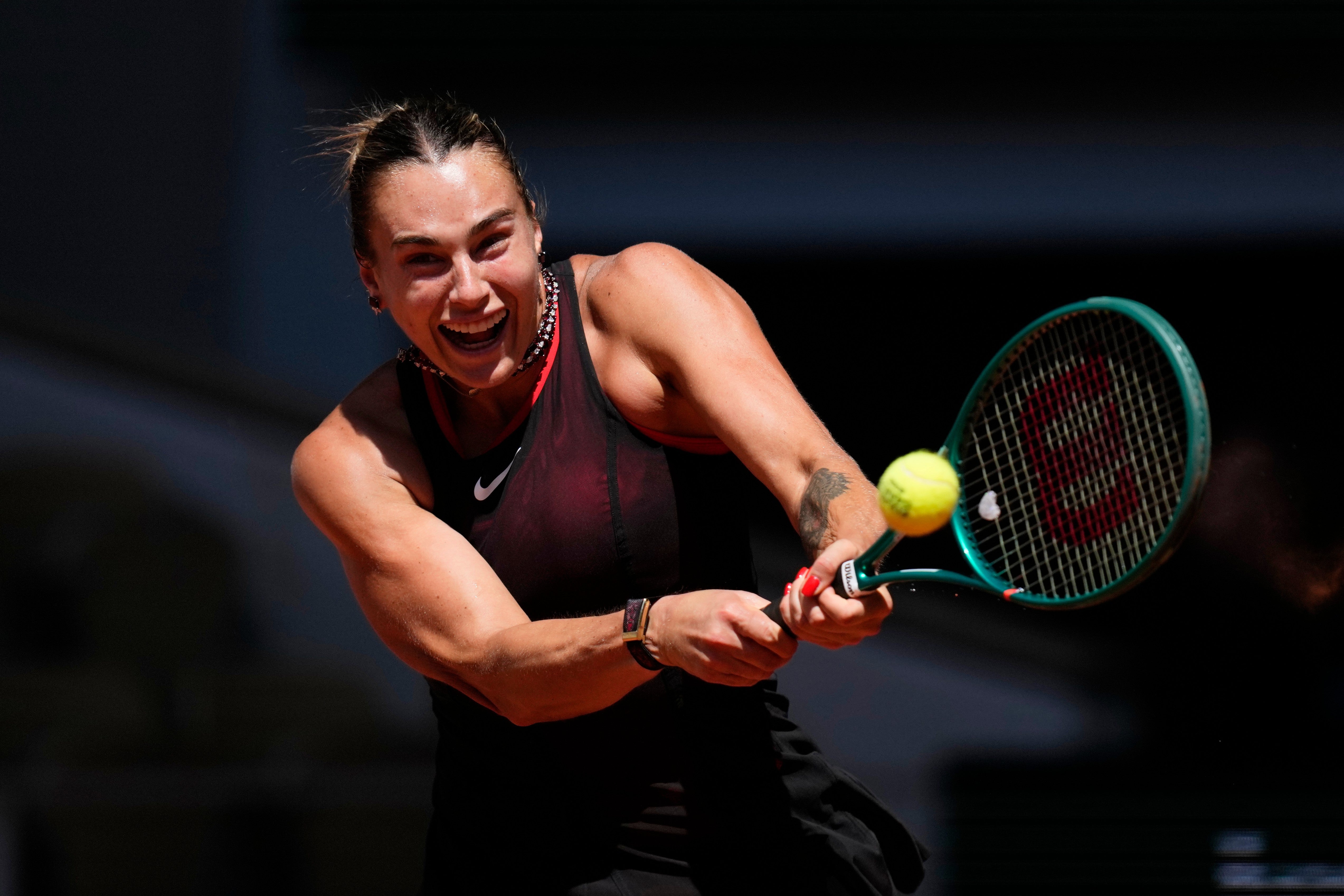 Aryna Sabalenka hits a backhand (Christophe Ena/AP)