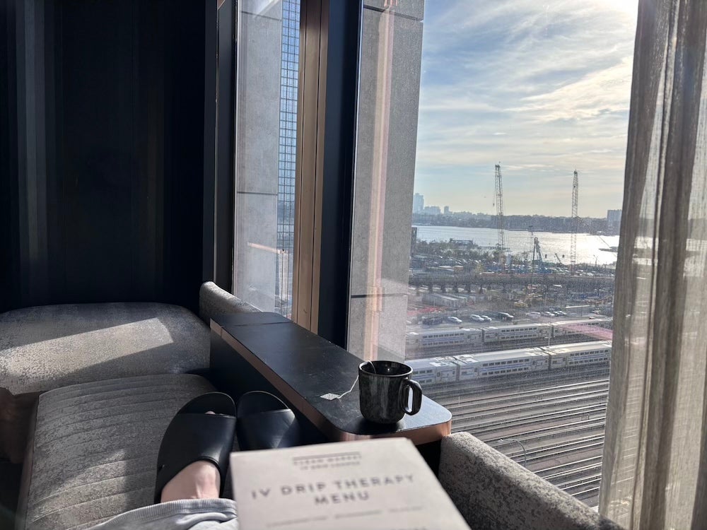 Writer Ellie Seymour tests the IV drip therapy menu at Equinox hotel, overlooking Hudson River