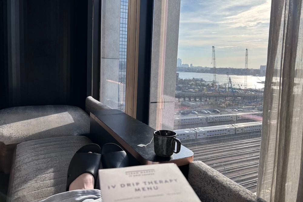Writer Ellie Seymour tests the IV drip therapy menu at Equinox hotel, overlooking Hudson River (The Independent)