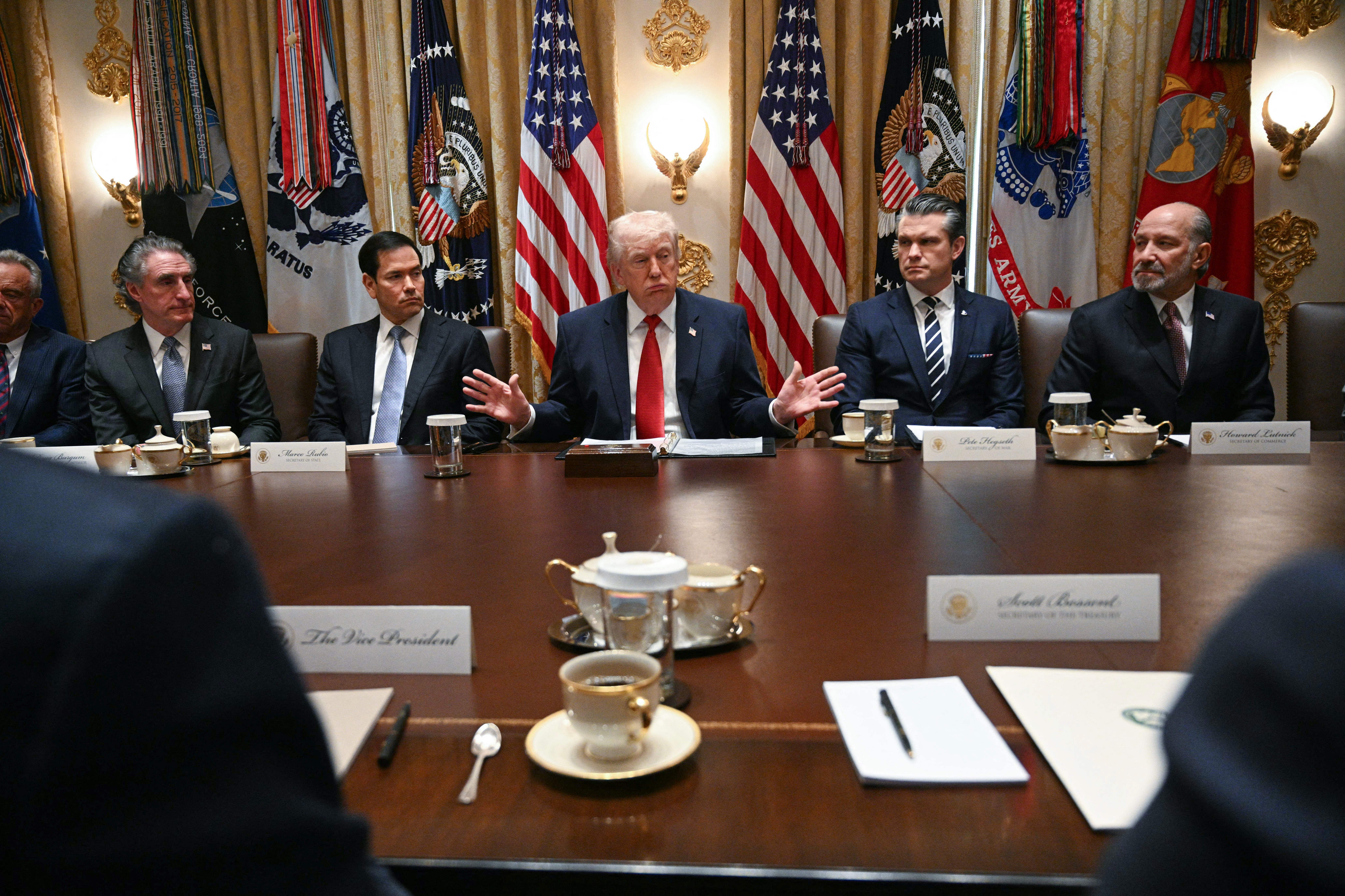 Open press cabinet meetings often include hours of officials flattering President Trump, insisting he deserves credit for a policy or bashing the president’s political opponents, according to an analysis