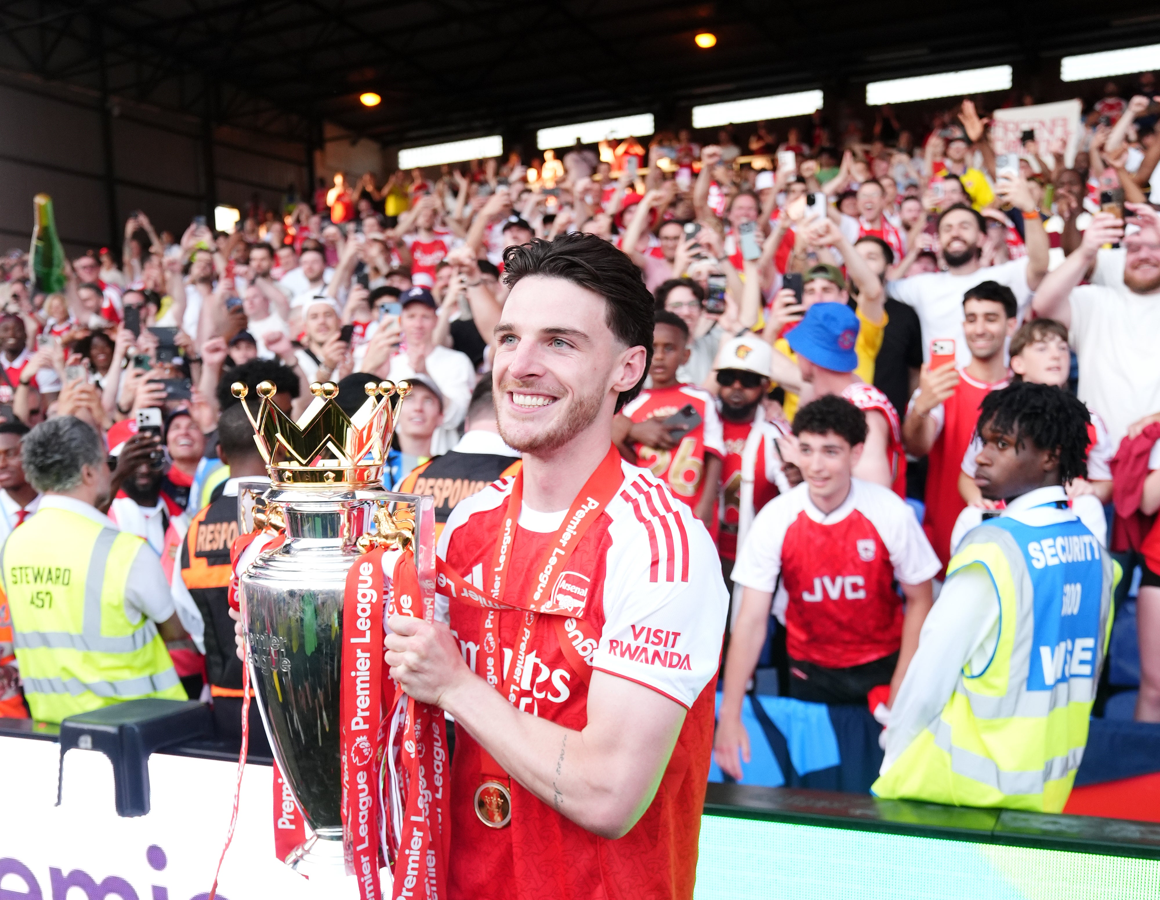 According to FIFPRO, Arsenal and England midfielder Declan Rice is one of the players at risk of injury or a dip in form next season (John Walton/PA)