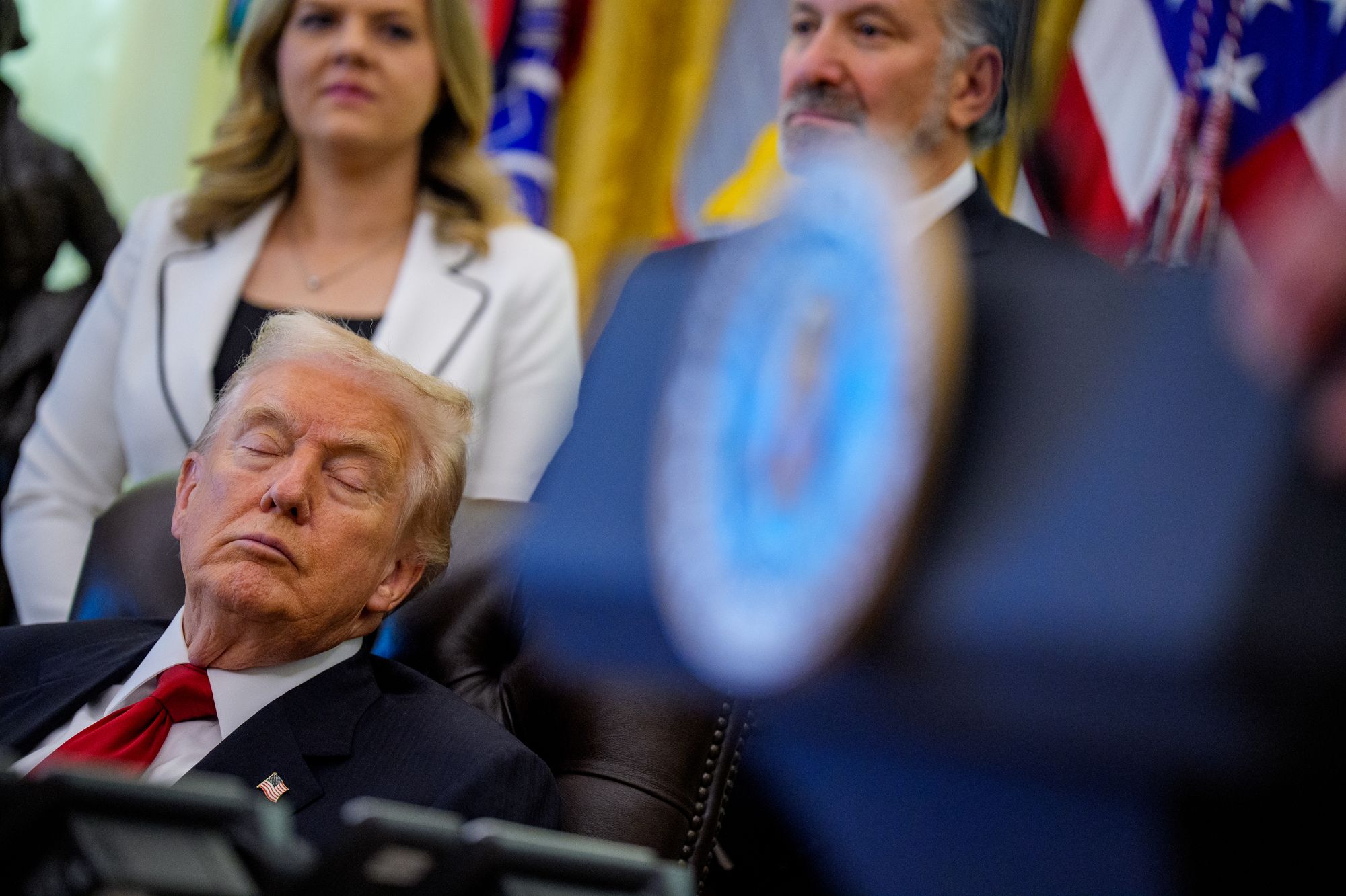 Trump has appeared drowsy at multiple official events since his inauguration, sometimes closing his eyes for long stretches. Pictured here, he attends an Oval Office event on prescription drug prices in November 2025