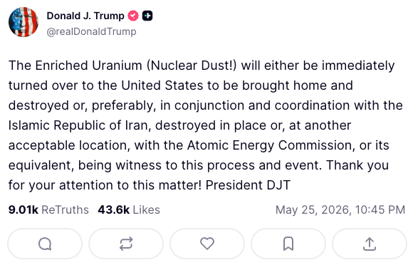 Donald Trump says the ‘nuclear dust’ must be handed over or destroyed (Donald Trump / Truth Social)