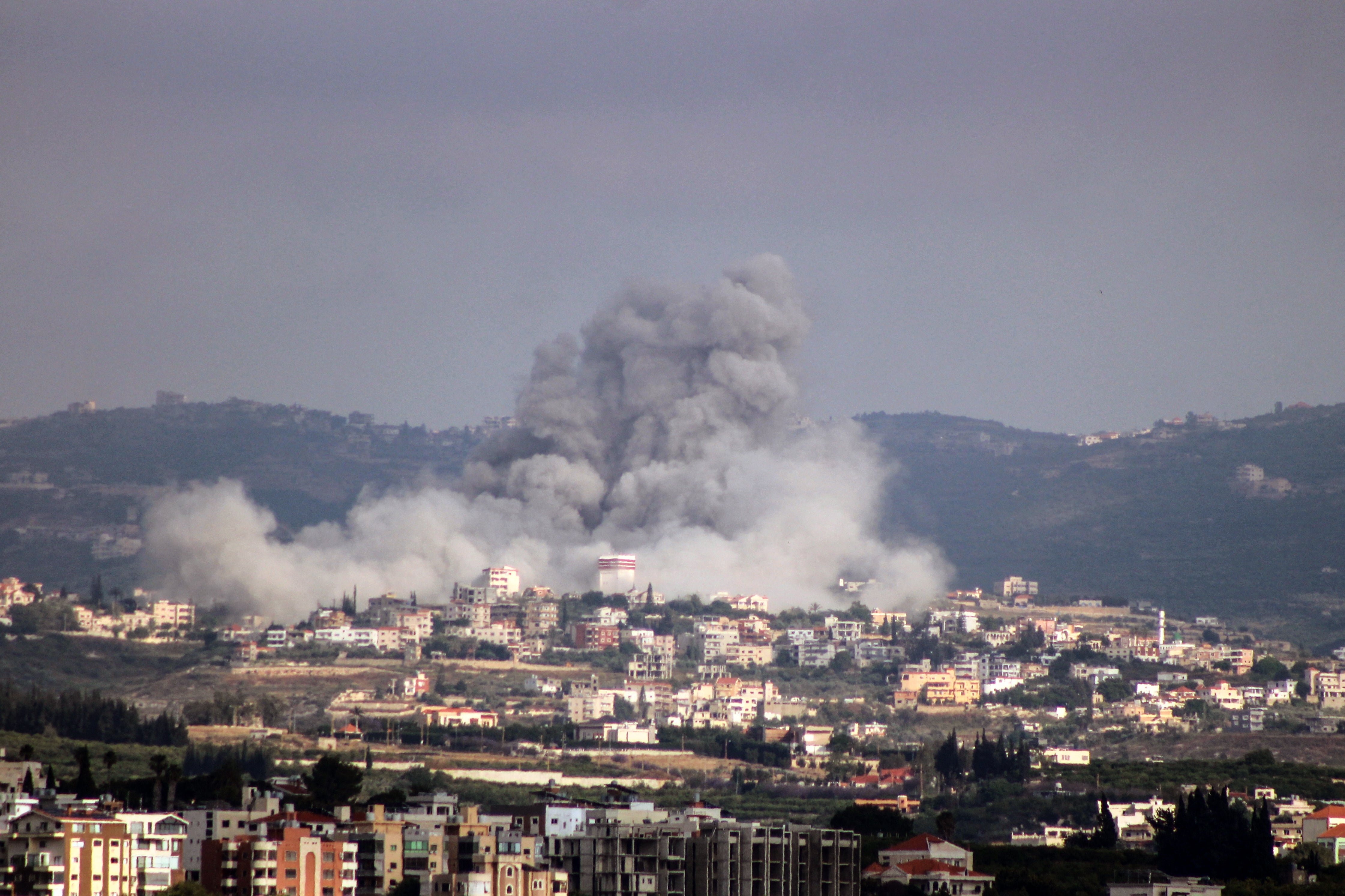 Smoke rising from the site of Israeli airstrikes that targeted the village of Rmadiyeh in the Tyre district of southern Lebanon on May 26