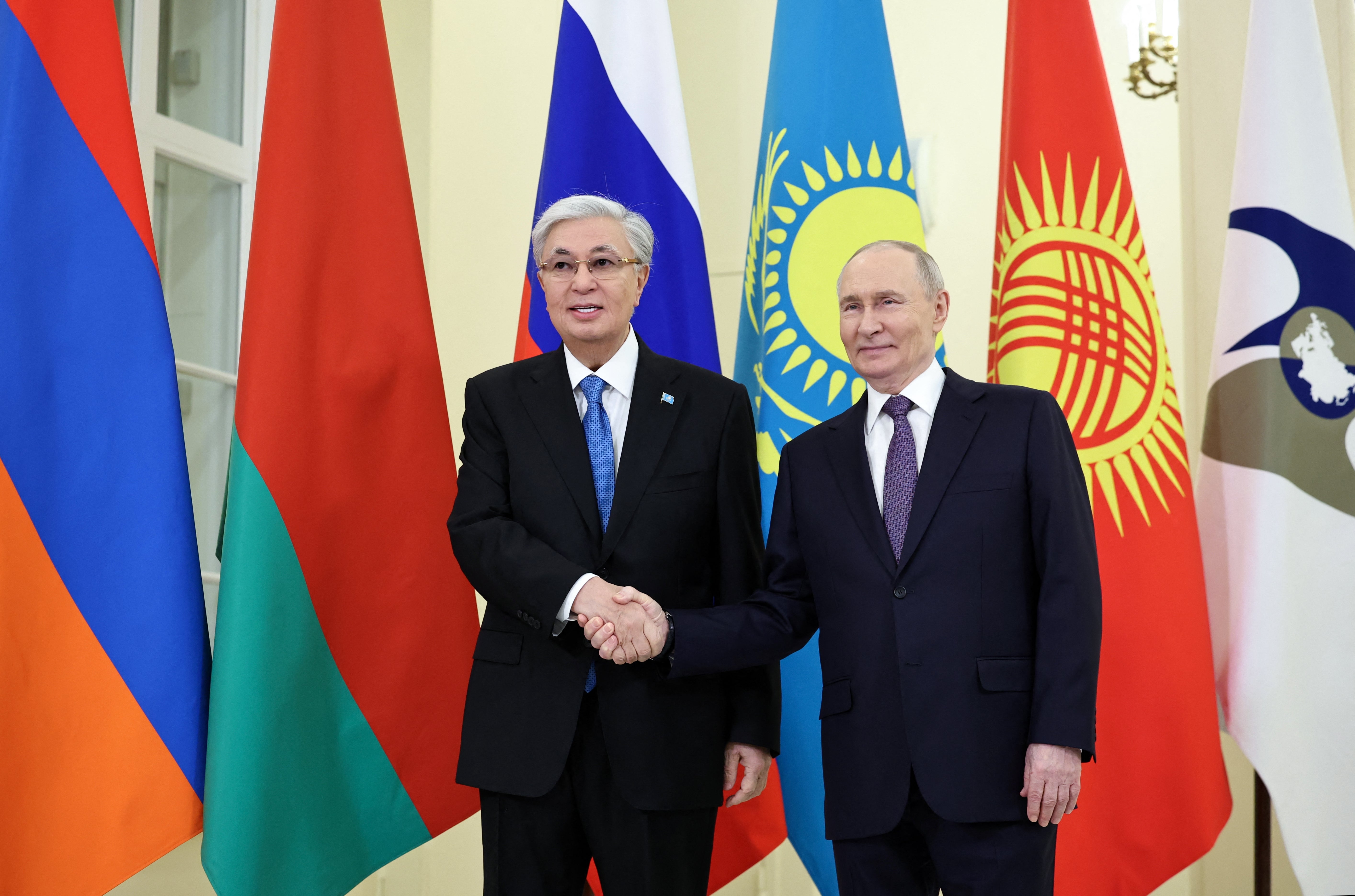 Russian president Vladimir Putin met Kazakhstan's President Kassym-Jomart Tokayev in Saint Petersburg on 21 December 2025