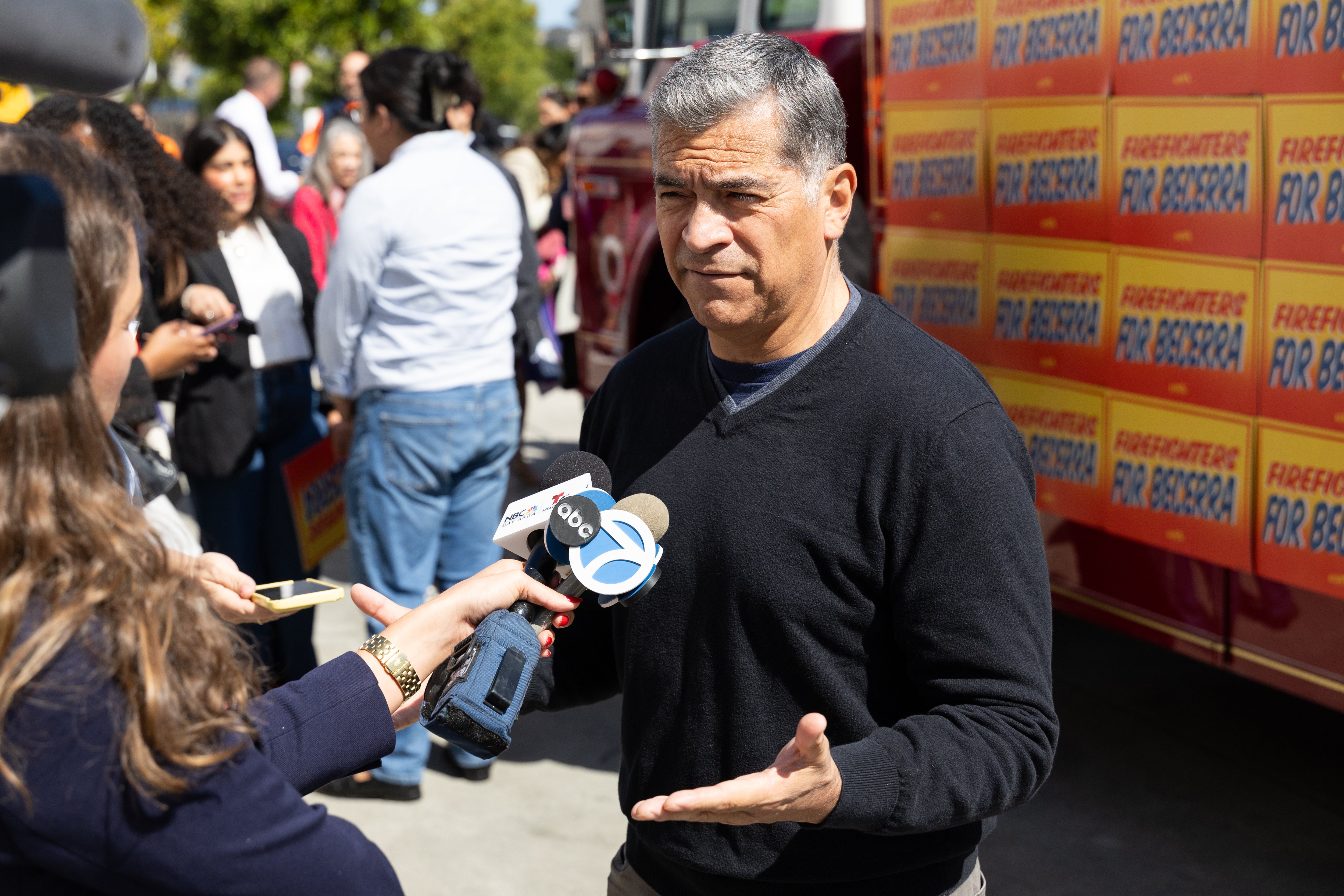California gubernatorial candidate Xavier Becerra speaks with the media at an event while campaigning on May 26, 2026 in San Francisco