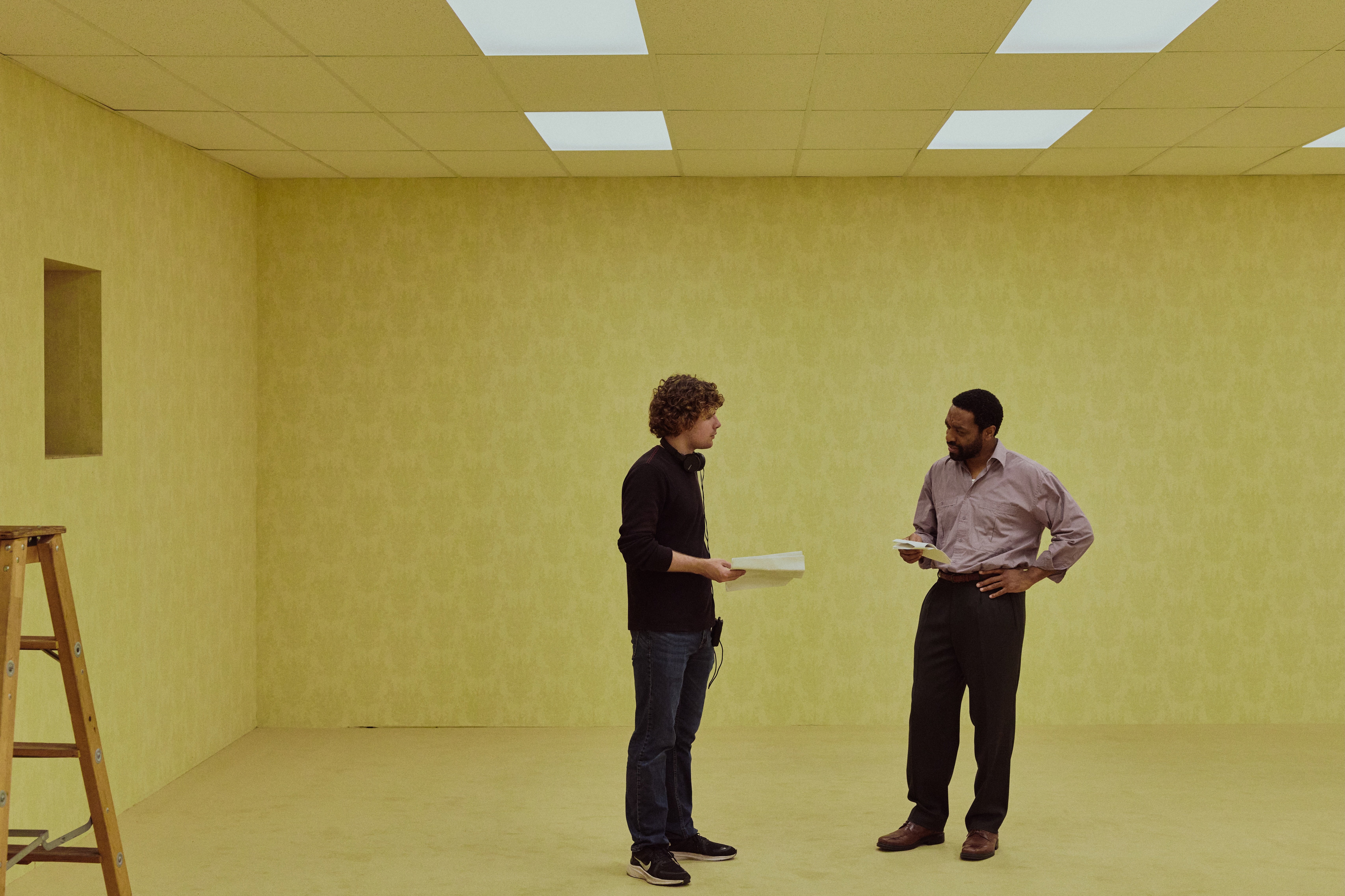 Kane Parsons and Chiwetel Ejiofor on the set of ‘Backrooms’ (A24)