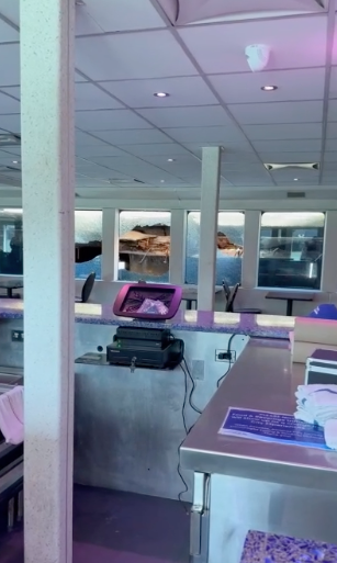 Footage shared on social media showed shattered windows in the ferry’s dining area