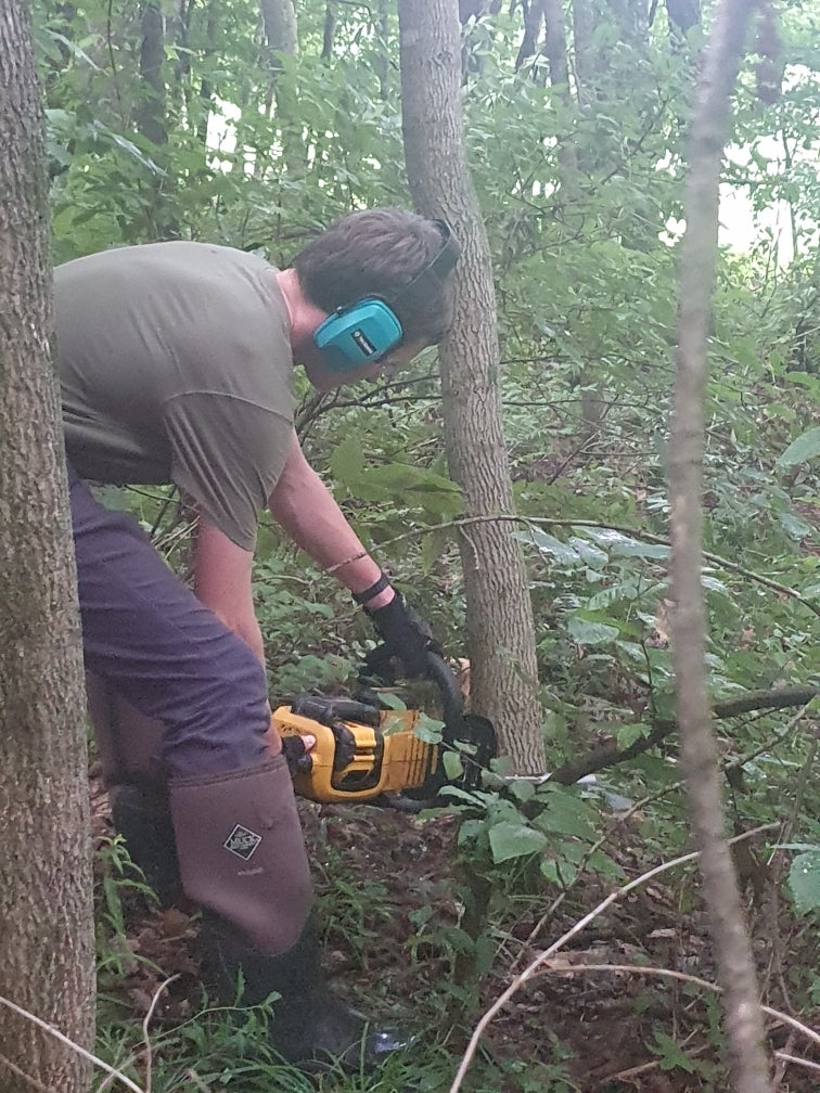 Derrendinger said it is ‘safer to give my kids a chainsaw than access to social media.’ Her teenage son uses the power tool to cut wood (pictured) for the small maple syrup operation he runs with his siblings in rural Vermont