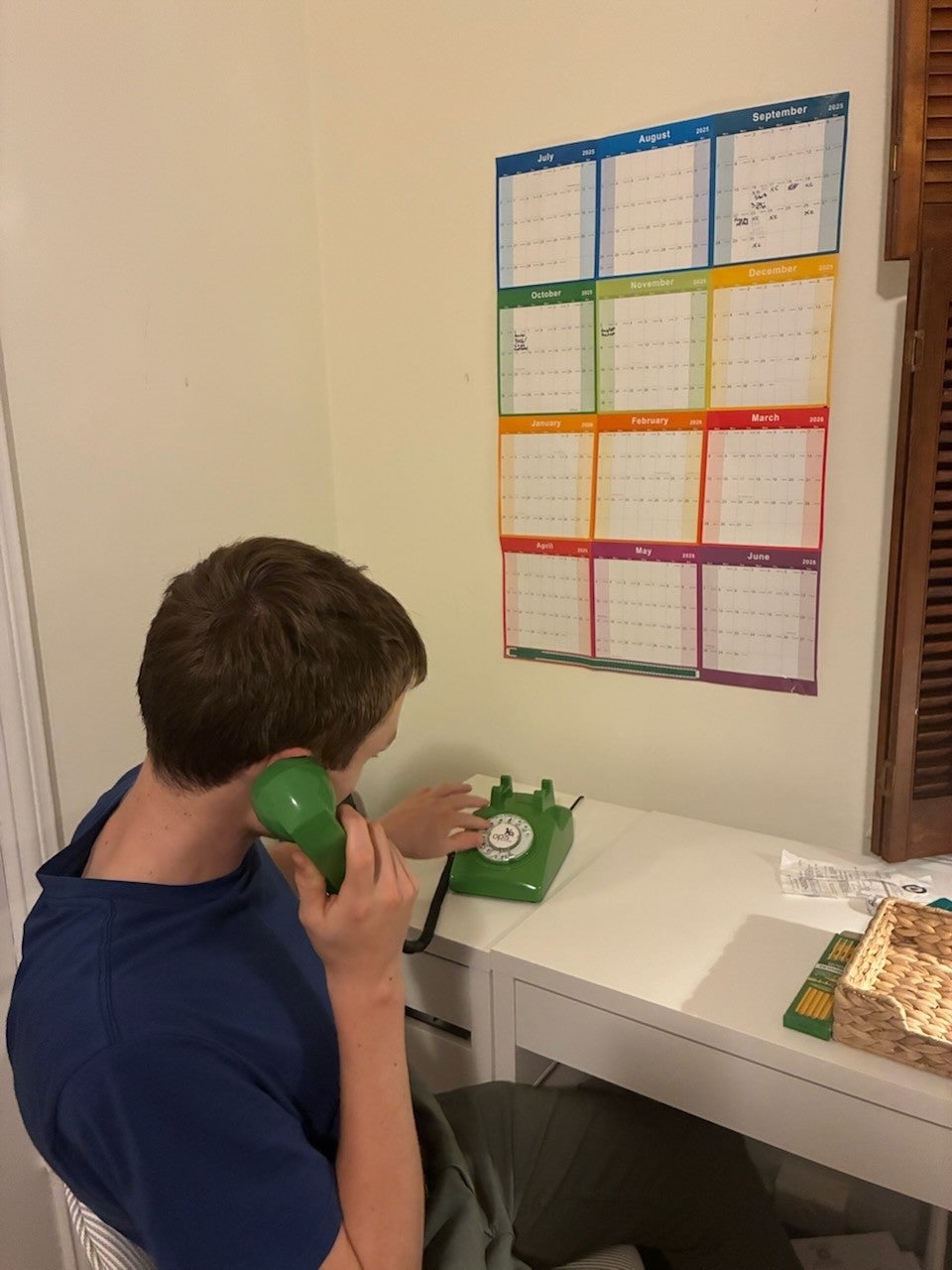 Laura Derrendinger’s 16-year-old son (pictured) uses an old rotary phone and relies on paper road maps to navigate while driving. He was raised in a screen-free household, meaning, unlike many of his peers, he doesn’t have an iPhone or social media