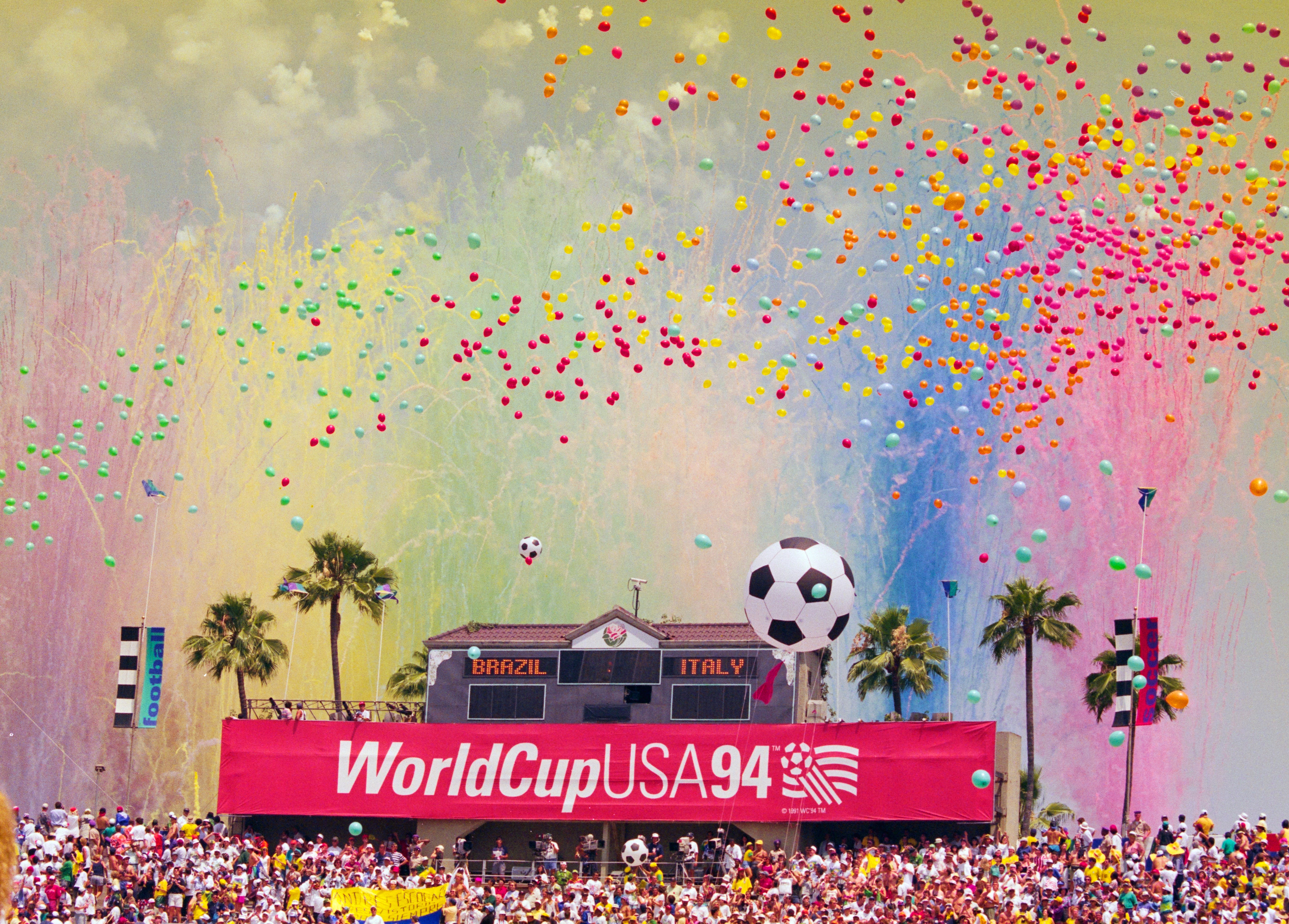 Fireworks and balloons at the Closing Ceremony for the 1994 FIFA World Cup Final on 17th July 1994 at the Rose Bowl stadium in Pasadena, California