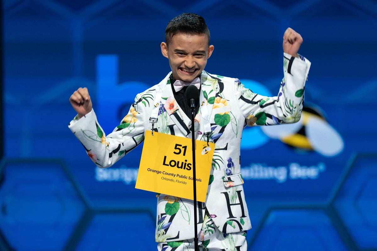 Photos of students competing for the Scripps National Spelling Bee trophy