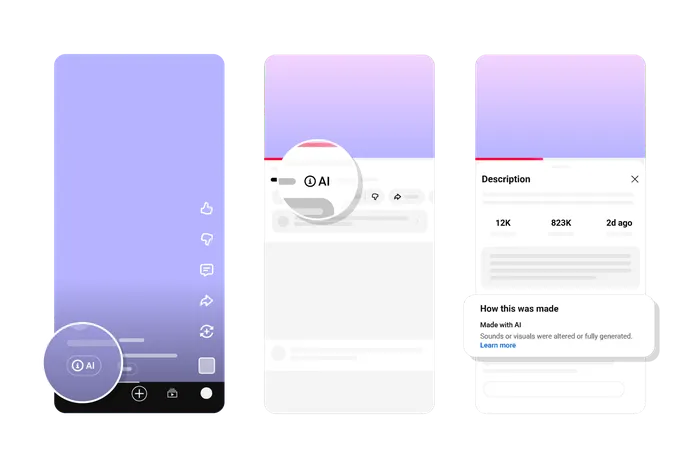 YouTube released this image Wednesday of what the AI disclosure labels will look like on videos and Shorts