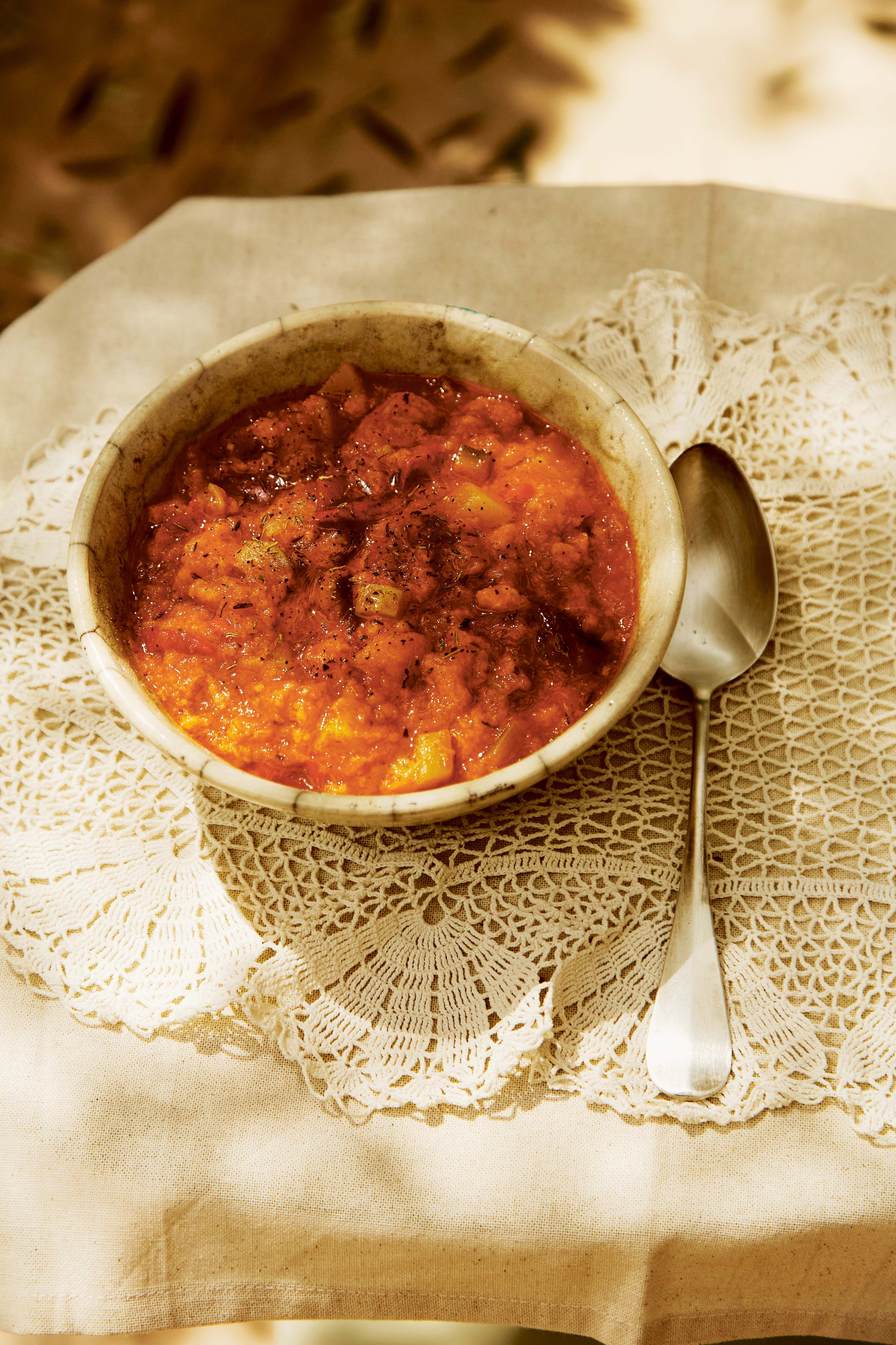 Hayden describes this creamy bread-thickened vegetable soup as the ideal way to use up late-summer produce
