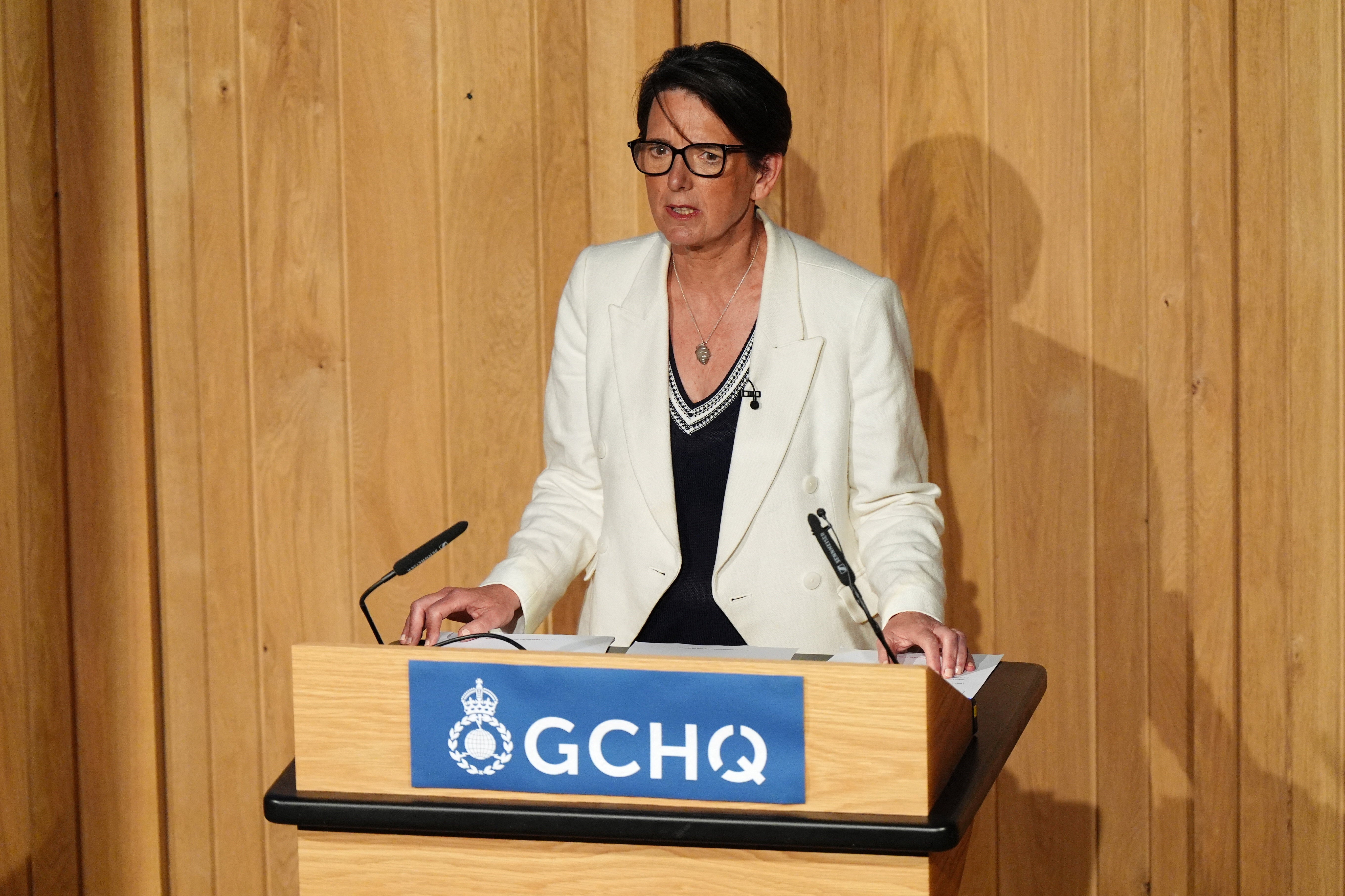 Director of GCHQ Anne Keast-Butler delivers her inaugural annual lecture in The Fellowship Auditorium at Bletchley Park, Buckinghamshire, Britain (Reuters)