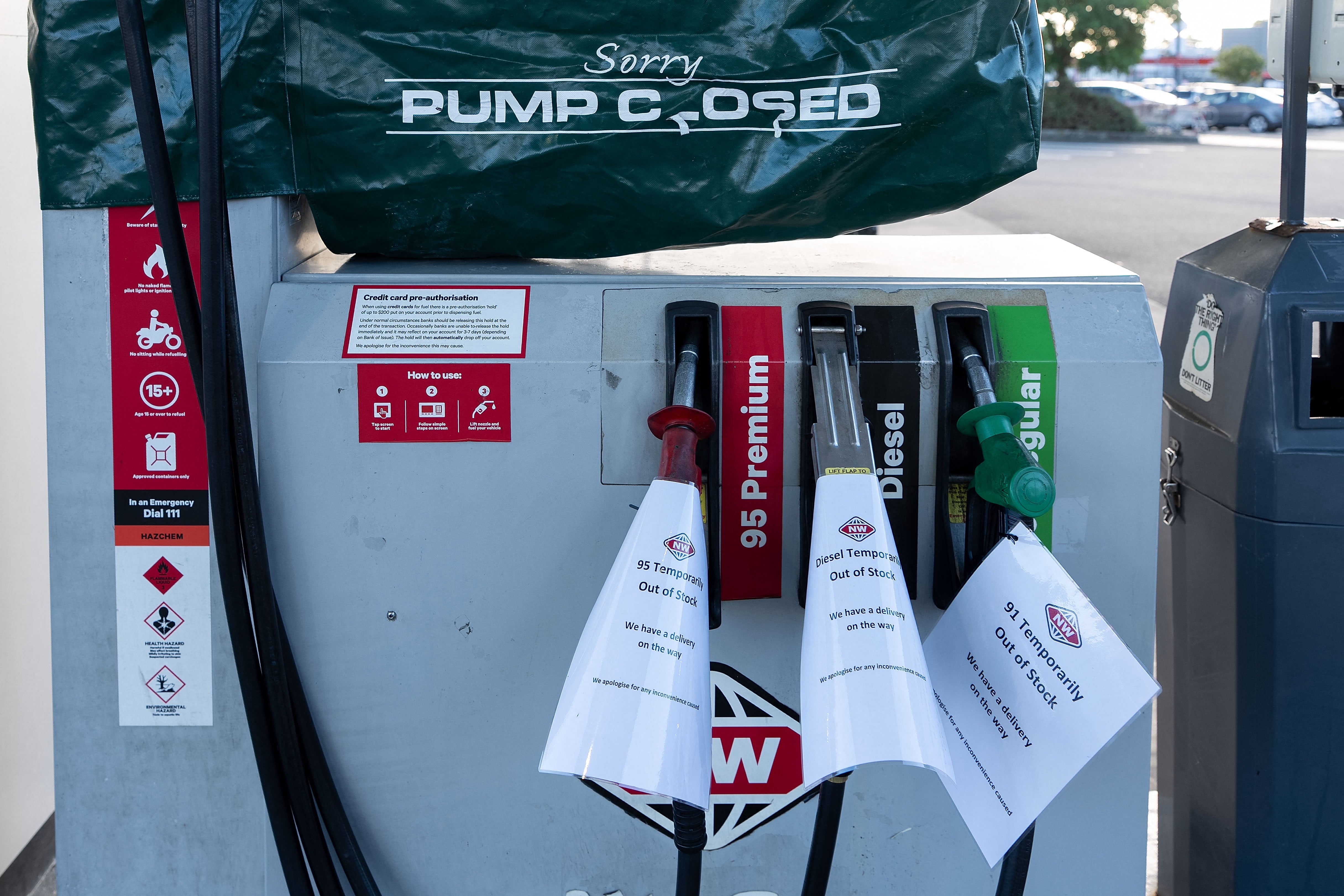 ‘Out of Stock’ notices at a fuel station in Levin, New Zealand, on 19 March 2026