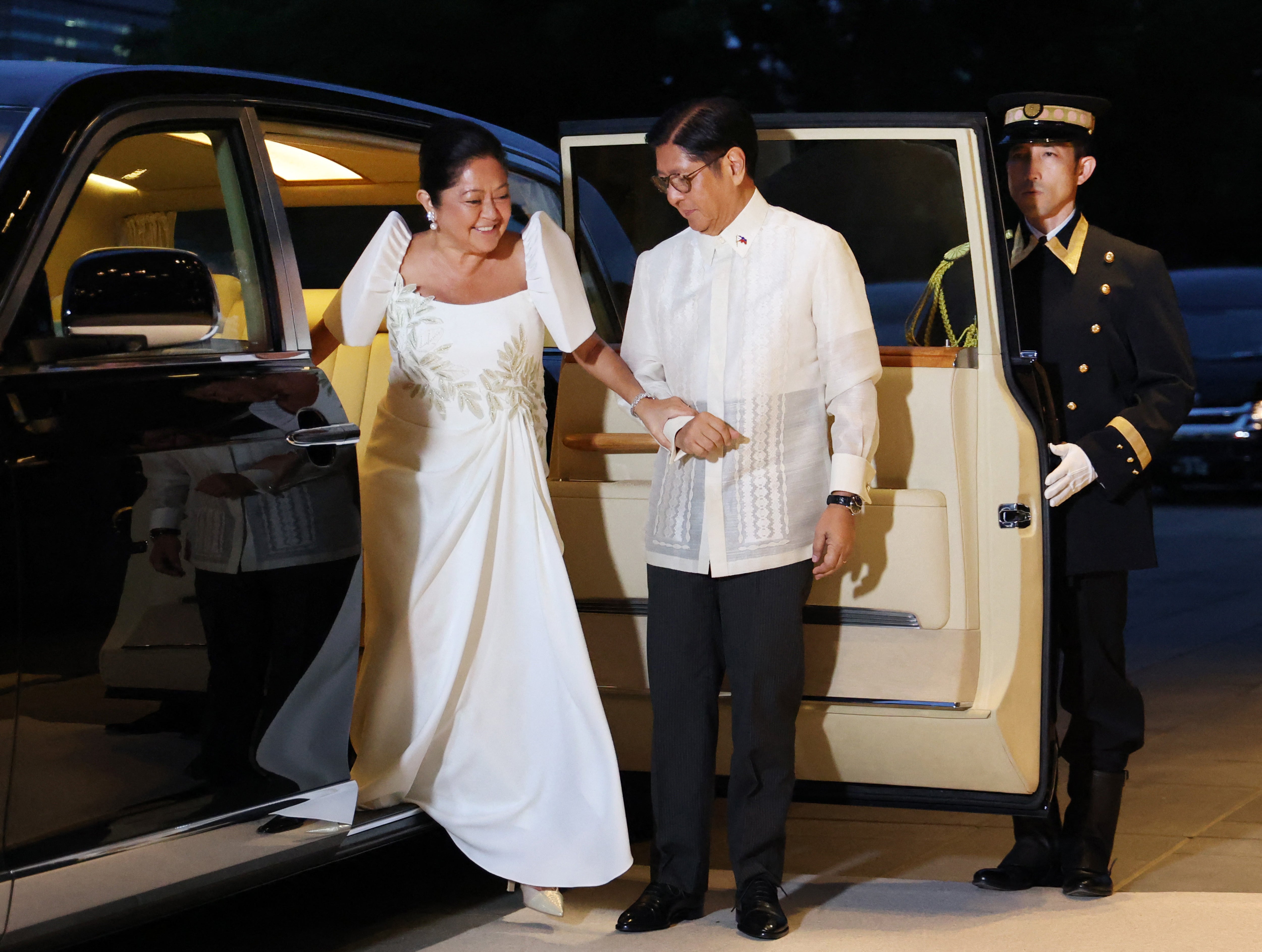 Philippine president Ferdinand Marcos Jr and first lady Liza Araneta Marcos arrive at the Imperial Palace in Tokyo on 27 May 2026