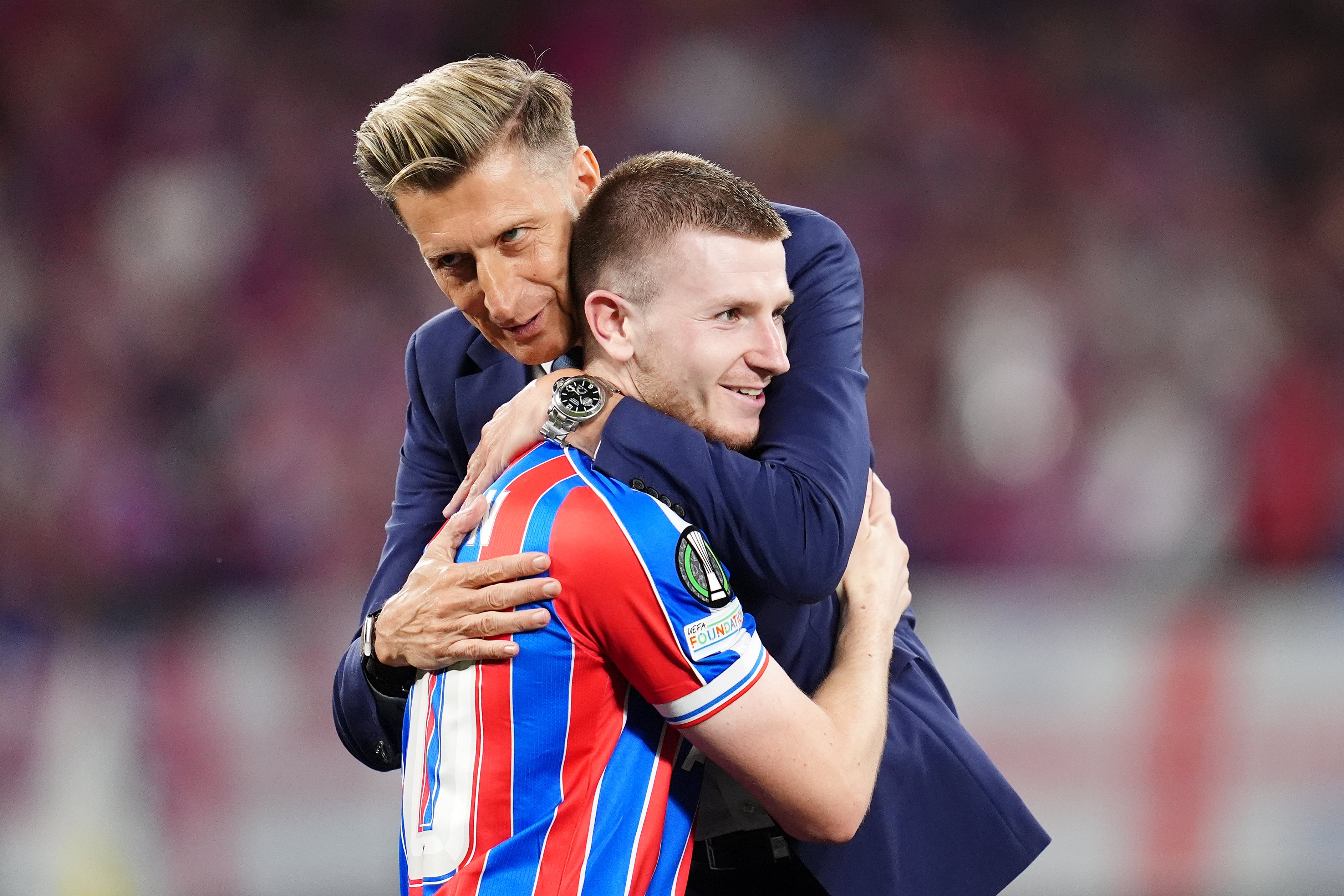 Crystal Palace chairman Steve Parish (left) and Adam Wharton after the UEFA Europa Conference League Final at the Red Bull Arena, Leipzi