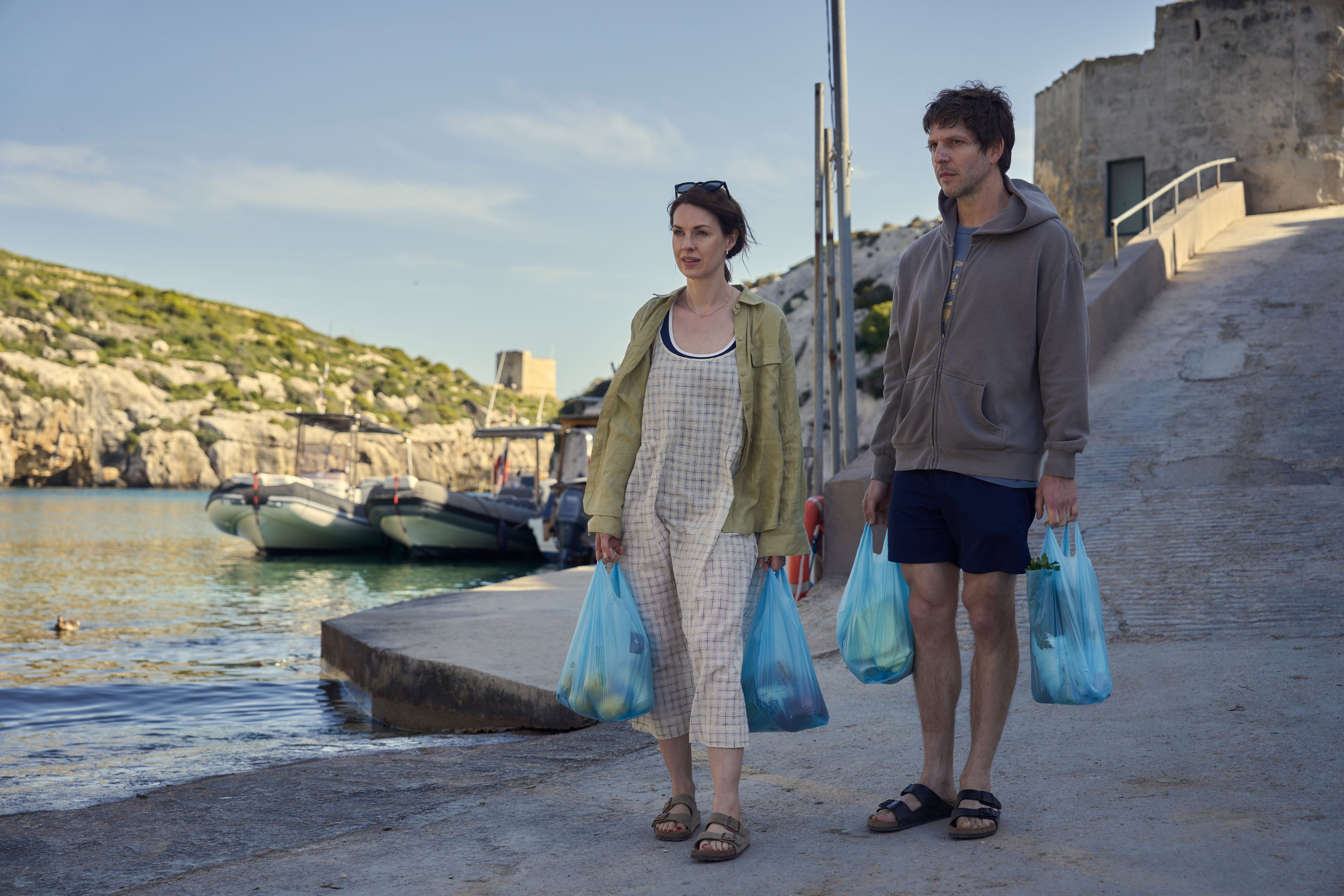 Paying for paradise: Jessica Raine’s Zoe and Damien Molony’s Dan aren’t as flash with the cash as their mates – a decidedly divisive element of the holiday