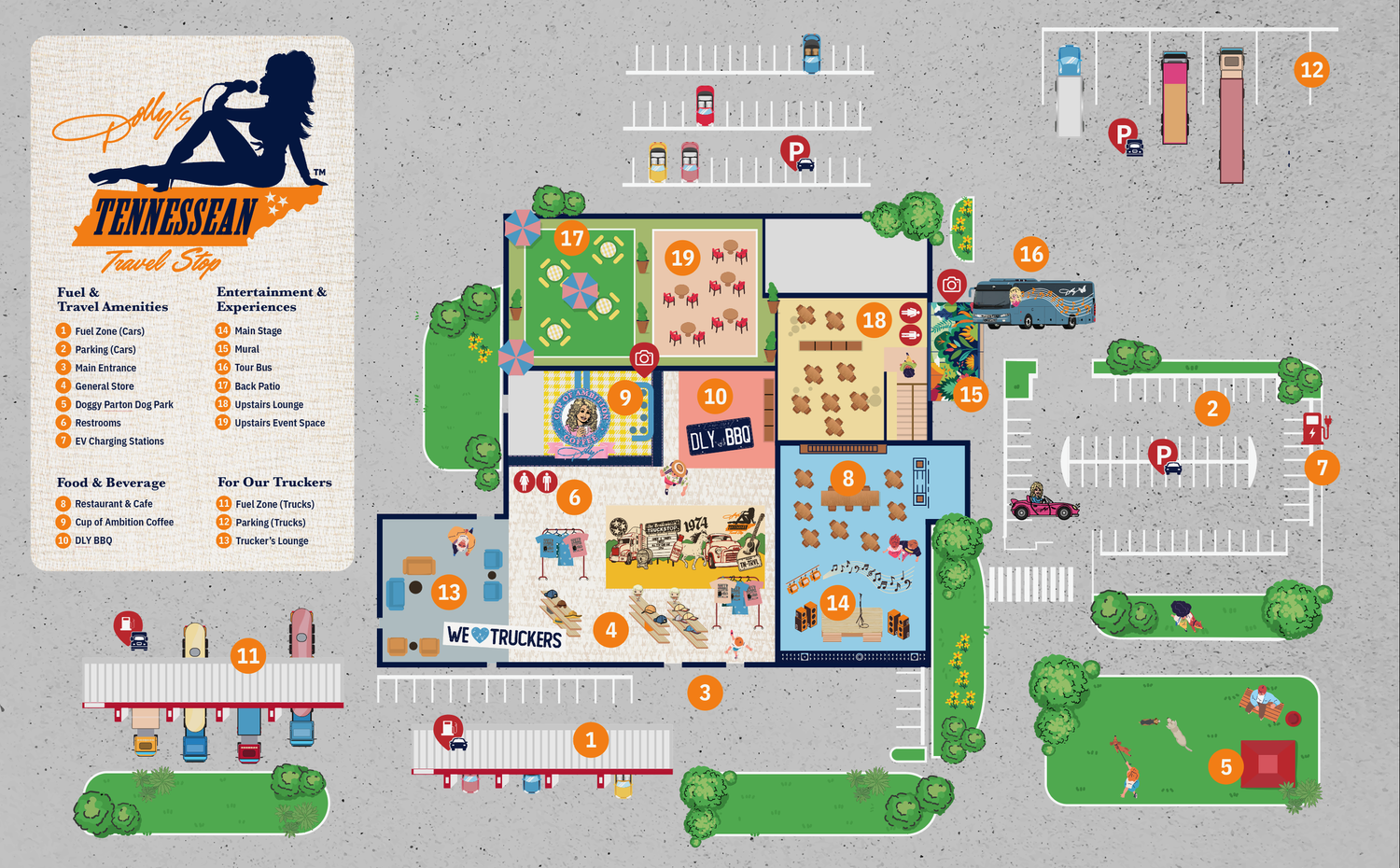The travel stop features a dog park, event space and stage for live music (Dolly's Tennessean Travel Stops)